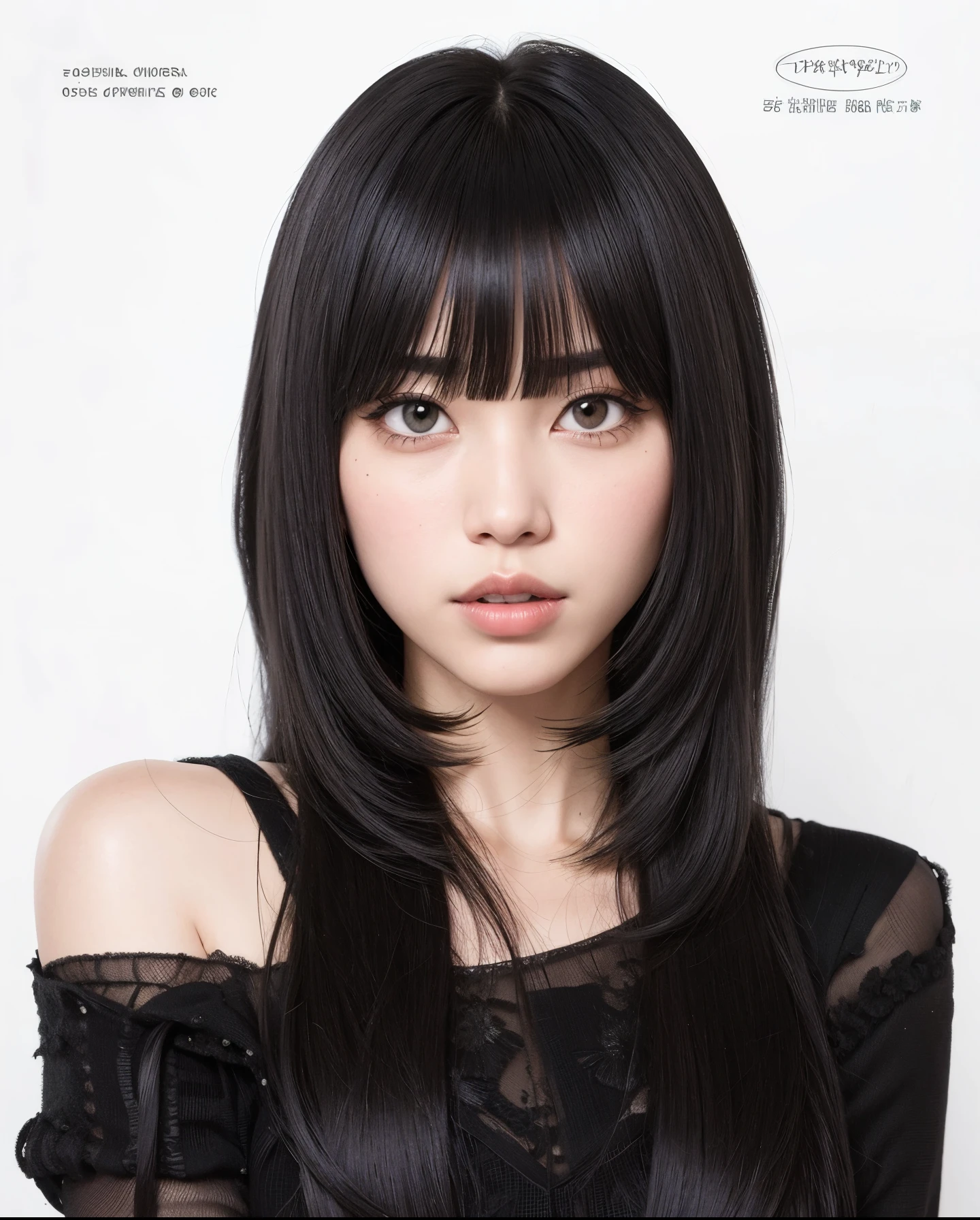 um close up de uma mulher com longos cabelos pretos e franja, preto hime corte cabelo, O corte Hime, branco hime corte penteado, Sui Ishida com cabelo preto, neat hair com franja, she has black hair com franja, com franja completa, com franja, franja preta, cabelo blackbangs cabelo, penteado liso, Shikami, long hair com franja