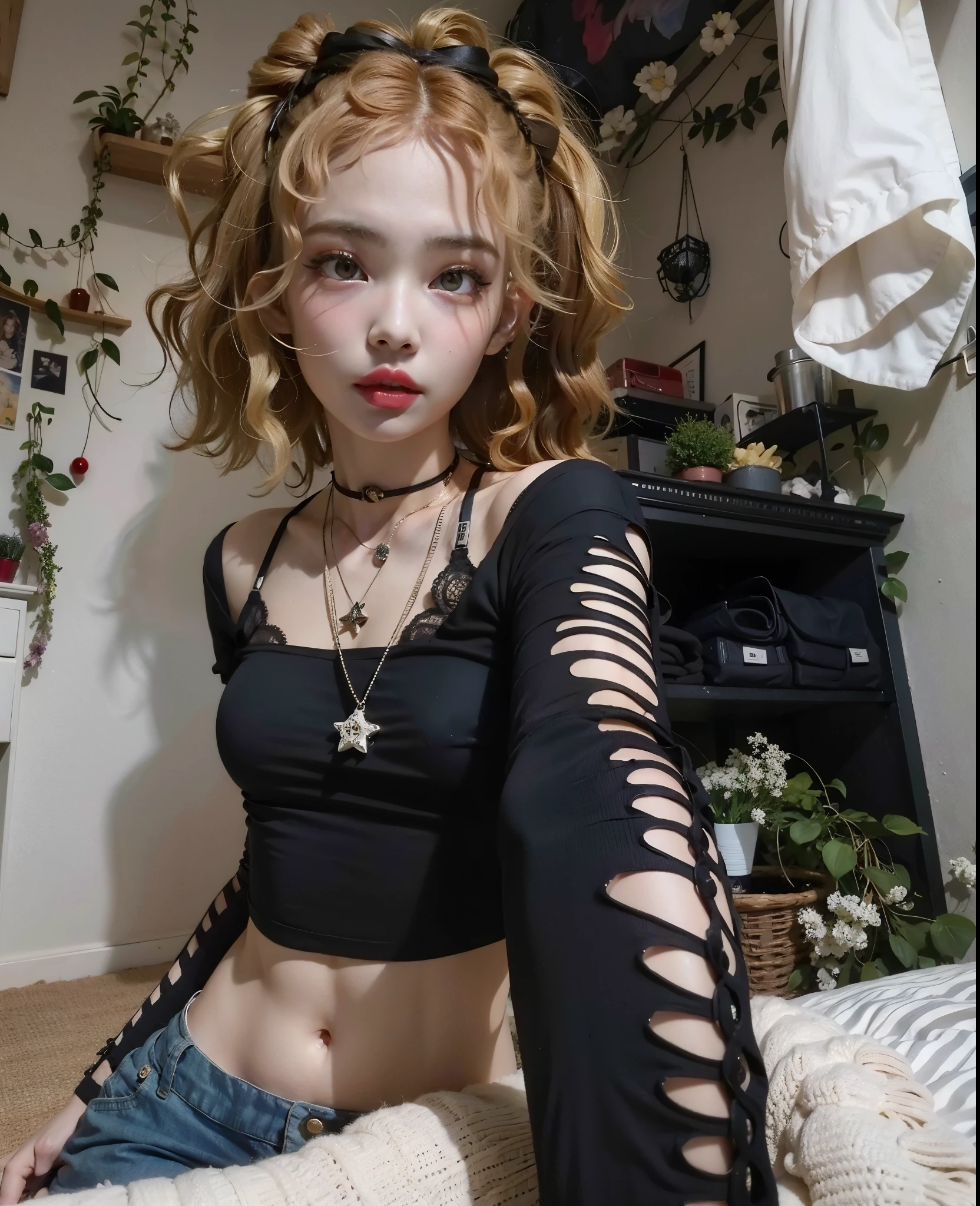 tem uma mulher sentada em uma cama com uma blusa preta, franja encaracolado, menina de cabelos loiros cacheados curtos, she parece uma mistura de grimes, com corte rasgado t - camisa, goth girl aesthetic, usando um top cropped sexy, parece uma mistura de grimes, pale skin curly blond hair, 1 7 - - old h girl, franja encaracolado and ponytail