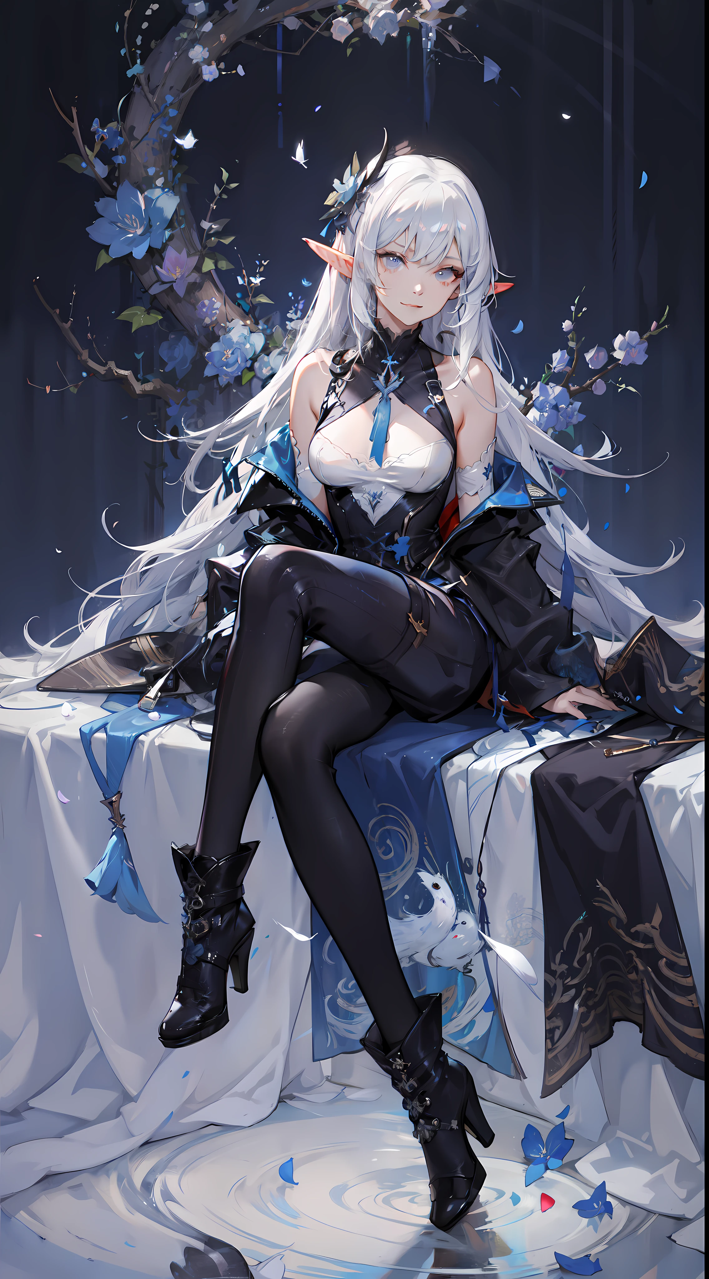 ((masterpiece, best quality)), official art, 8k wallpaper, ultra detailed,  mature dark elf girl, ((dark blue and white dress)), girl in a buble, sitting, flowers, expressionless, ((White boots)), glass texture, light transmission, spectral light, gradient translucent glass melt, caustic, transparent glass texture, high detail luminescence, (prismatic patterns on hair and clothes:1.3), ((glowing petals encircle and intertwine around her)), watercolor, watercolor style, splatter, vibrant color, art by Artgerm, by Kawacy, by Yoshitaka Amano, BREAK, highly detailed of (dark elf), (1girl), solo, perfect face, details eye, Blunt bangs, (hair between eye), white hair, violet eyes, BREAK, eyelashes, eyeshadow, pink eyeshadow, (dark skin:1.2), glaring, smile, medium breast, BREAK, extremely detailed, Dutch angle,