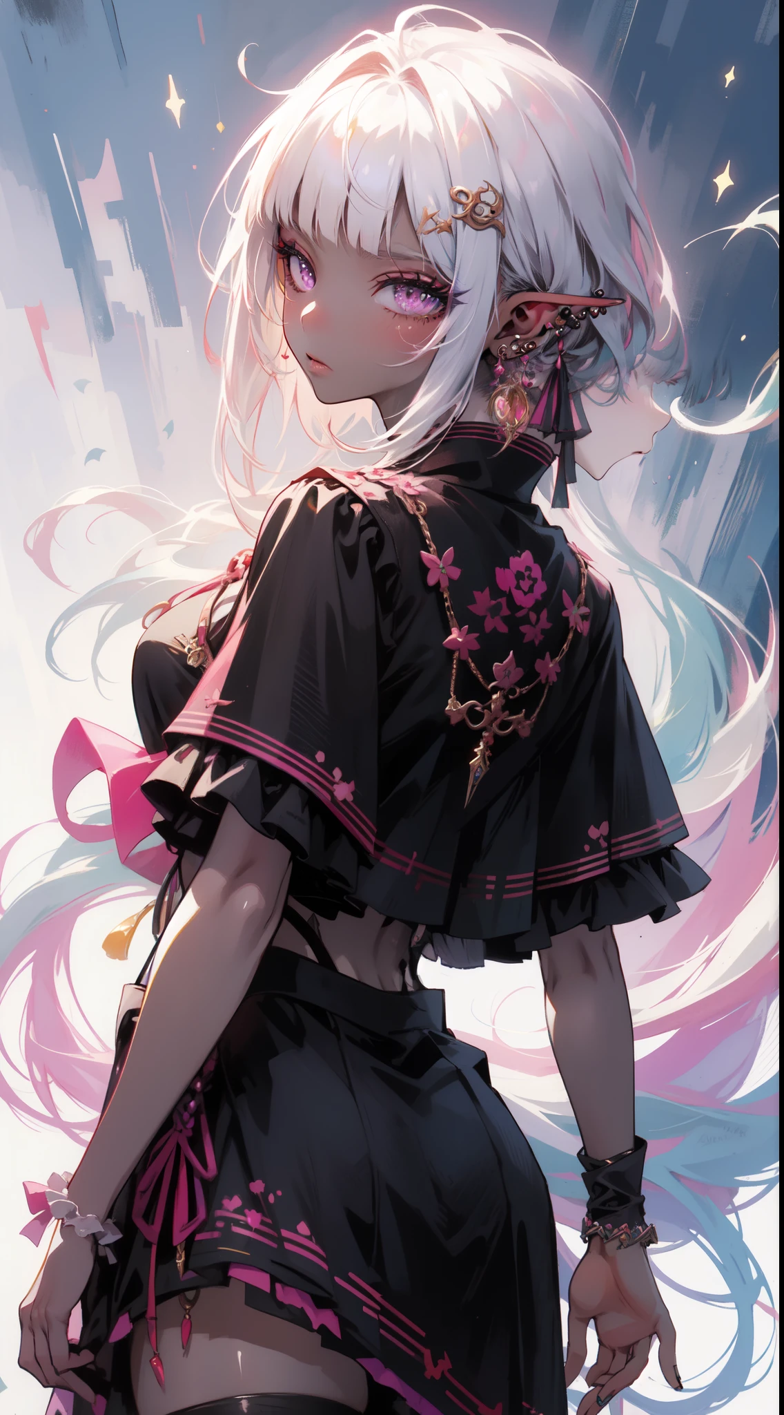 (masterpiece, top quality, best quality, official art, beautiful and aesthetic:1.2), ((dark elf)), ((1girl)), extreme detailed, (fractal art:1.3),colorful,highest detailed, portrait, from behind, in the style art by Artgerm, by wadim kashin, by Kawacy, by Yoshitaka Amano, BREAK, insanely detailed face, details eye, Blunt bangs, white hair, (hair between eye), eyelashes, violet eyes, eyeshadow, pink eyeshadow, (Dark skin:1.1), BREAK, corsages, jirai kei, (jirai kei fashion:1.1), Frills, Skirts, Various accessories, (ear piercing), punky style, Japanese subculture, fashion, Stockings, colorful, (Dark circles:1.2),