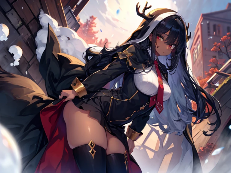 long hair, black hair, (dark skinned female), (nun), big breasts, Big ass, Deer antlers, heavy body, large body, venus body, red blush, stockings, winter forest background, dagger, hollor, malticoroled hair,
