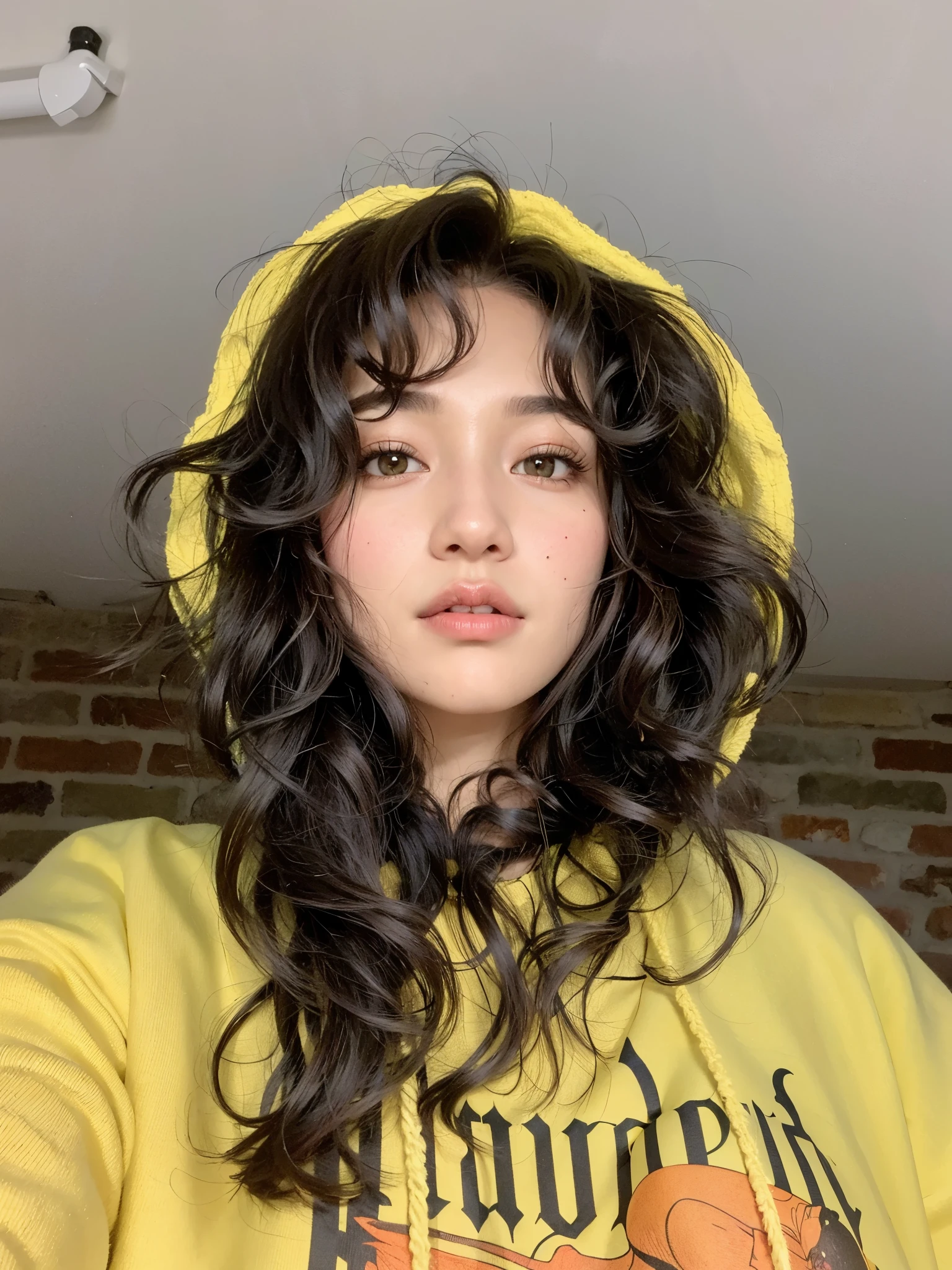 mulher arafada com capuz amarelo e bolsa marrom, franja encaracolado, Tema amarelo cabelo ondulado, franja de cortina, Poarch bonito, com longos cabelos cacheados, Retrato Sophie Mudd, com franja, sem maquiagem cabelo ondulado, black wavy hair com franja, long messy curly hair, Zendaya, Bella Hadid, cabelos ondulados espalhados, menina de cabelo preto vestindo capuz