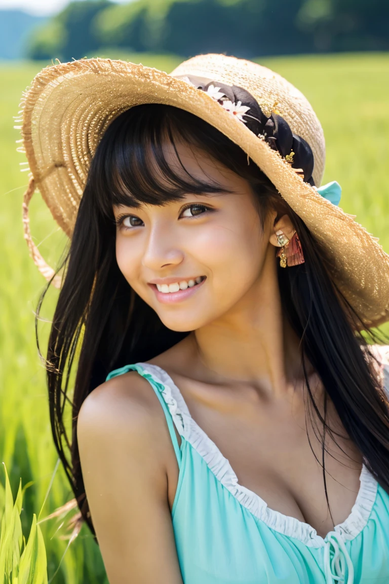tanned beautiful girl、japanes、17 age、Summer Dress、Eyes are long、Wheat field、up of face、Hair growth、Black hair straight、With bangs、hair adornments、Long、thick lip、smiling wryly、heavy wind、