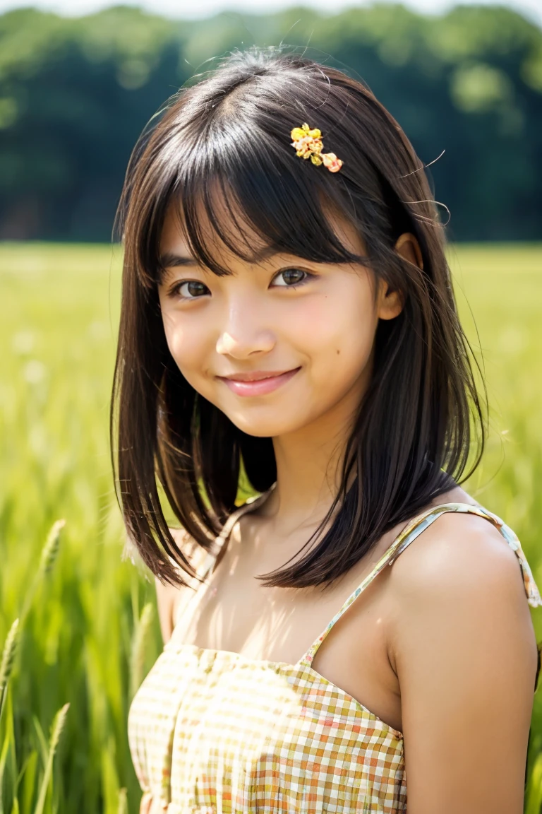 tanned beautiful girl、japanes、17 age、Summer Dress、Eyes are long、Wheat field、up of face、Hair growth、Black hair straight、With bangs、hair adornments、Long、thick lip、smiling wryly、heavy wind、