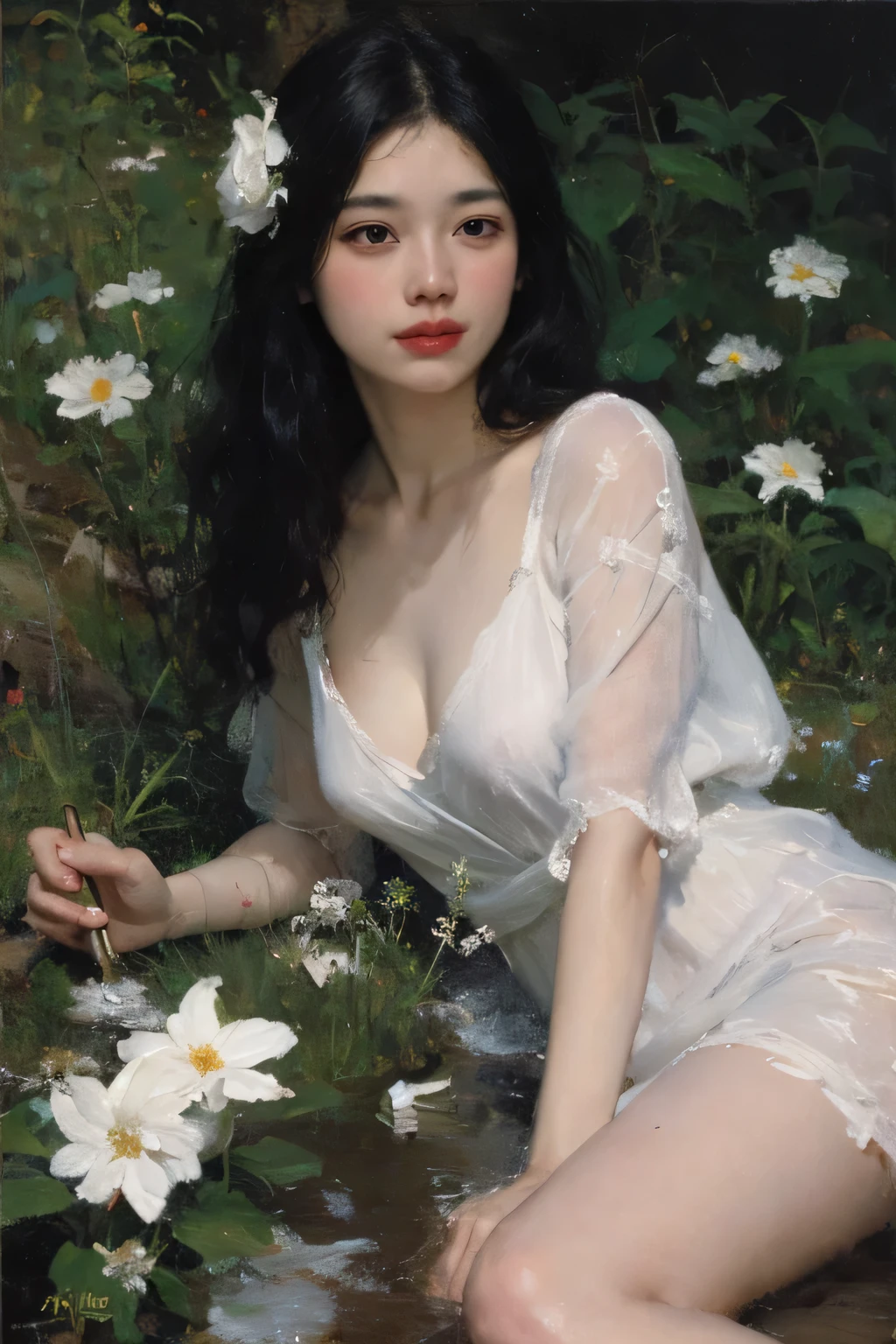 (Oil Painting:1.5),
\\
Woman with long black hair and white flowers lying in white flower field, (Amy Sol:0.248), (Stanley Artgerm Lau:0.106), (detailed paintings:0.353), (Gothic art:0.106)