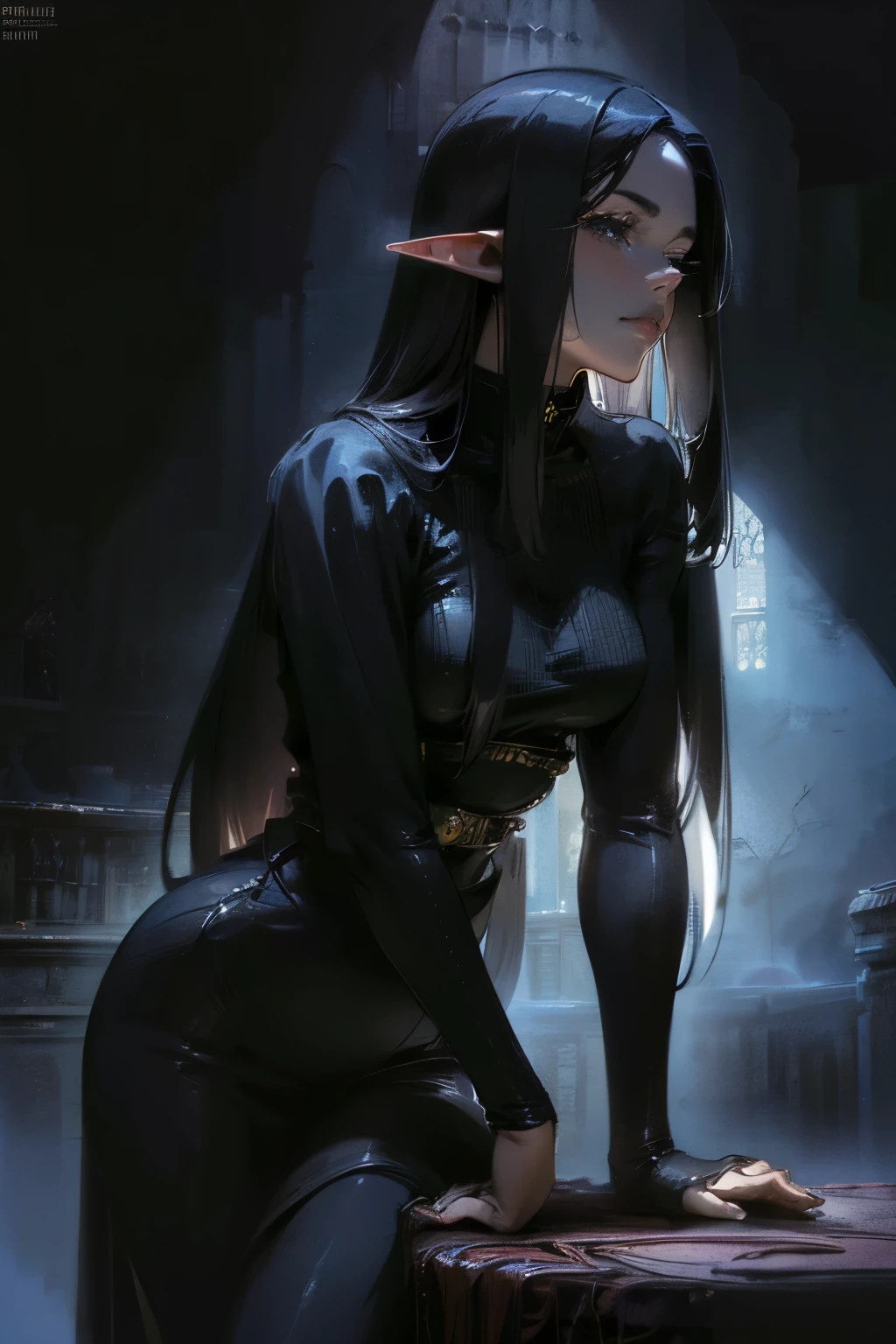 solo, (sophisticated gothic dress:1.0), ((masterpiece)),((high resolution)),((best quality)), extremely fine and beautiful, super fine illustration, (realistic skin), (insanely detailed anime eyes), milf, vivid and beautiful, shocking sensation, incredibly detailed, beautiful detailed girl, supple breasts, front view, facing at viewer, black hair, (elf), medium long elf ears, covered, ((black hair)), (very long hair), profile, small plump breasts, plump thighs, wide hips, movie lighting, perfect shadow, realistic lighting shaded