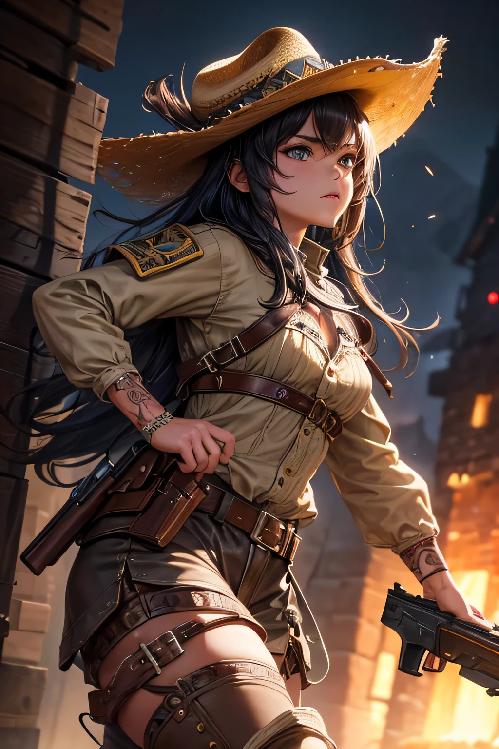 1girl, wild west setting, girl wears wild west outfit she is a sheriff, , high boots, cowboy hat, armed with a shotgun, small breats, detailed face, combat stance, mean look, highly detailed, vibrant appearance, creative behavior, extremly detailed, imaginative, , spontaneous, highest quality, skin texture, intricate details, (cinematic lighting), RAW photo, 8k, masterpiece,best quality,ultra-detailed,very detailed illustrations,extremely detailed,intricate details,highres,super complex details,extremely detailed 8k cg wallpaper,