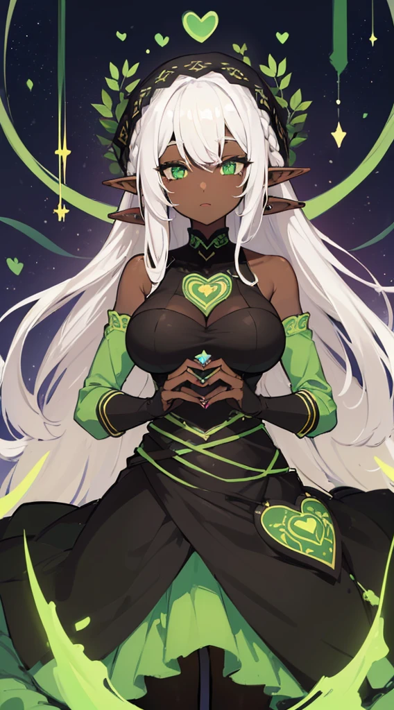 (((Very high image quality))),((Dark Skin)),(((Elf Woman))),(((White hair))),(((green eyes))),(((Seyxy body))),(Big breasts),((Long black dress)),((Making a heart))