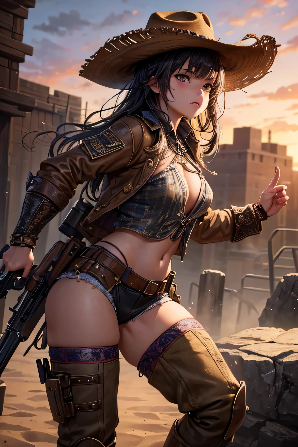 1girl, wild west setting, girl wears wild west outfit she is a sheriff, , high boots, cowboy hat, armed with a shotgun, small breats, detailed face, combat stance, mean look, highly detailed, vibrant appearance, creative behavior, extremly detailed, imaginative, , spontaneous, highest quality, skin texture, intricate details, (cinematic lighting), RAW photo, 8k, masterpiece,best quality,ultra-detailed,very detailed illustrations,extremely detailed,intricate details,highres,super complex details,extremely detailed 8k cg wallpaper,