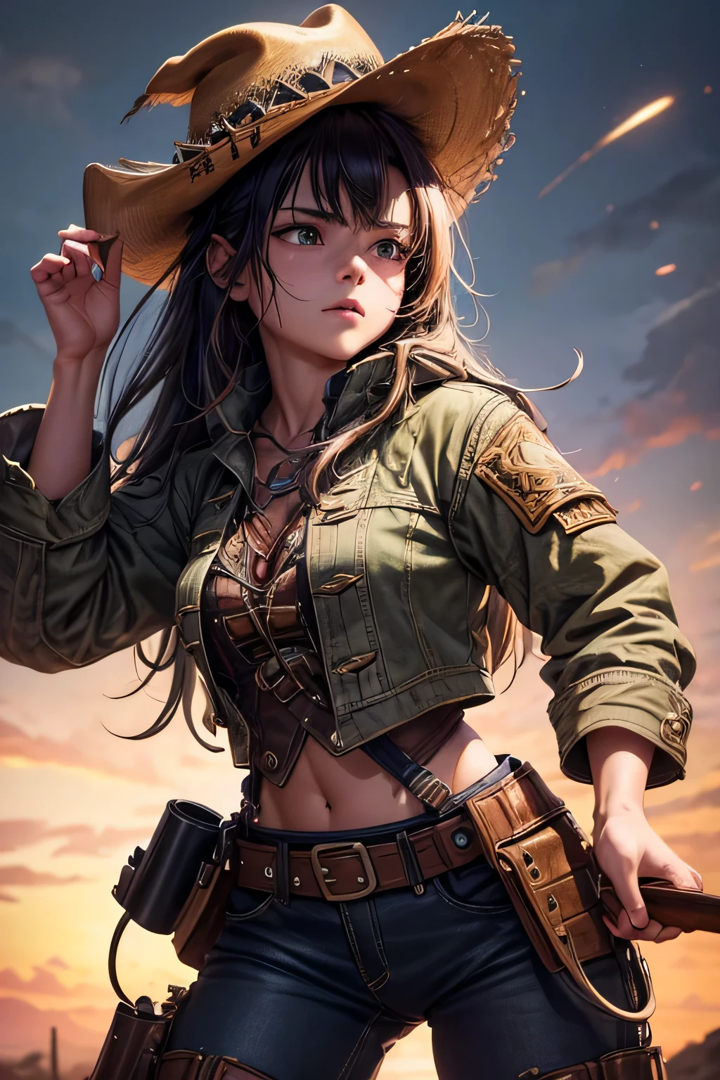 1girl, wild west setting, girl wears wild west Indiana Jones outfit, high boots, cowboy hat, armed with a gun, small breats, detailed face, combat stance, mean look, highly detailed, vibrant appearance, creative behavior, extremly detailed, imaginative, , spontaneous, highest quality, skin texture, intricate details, (cinematic lighting), RAW photo, 8k, masterpiece,best quality,ultra-detailed,very detailed illustrations,extremely detailed,intricate details,highres,super complex details,extremely detailed 8k cg wallpaper,