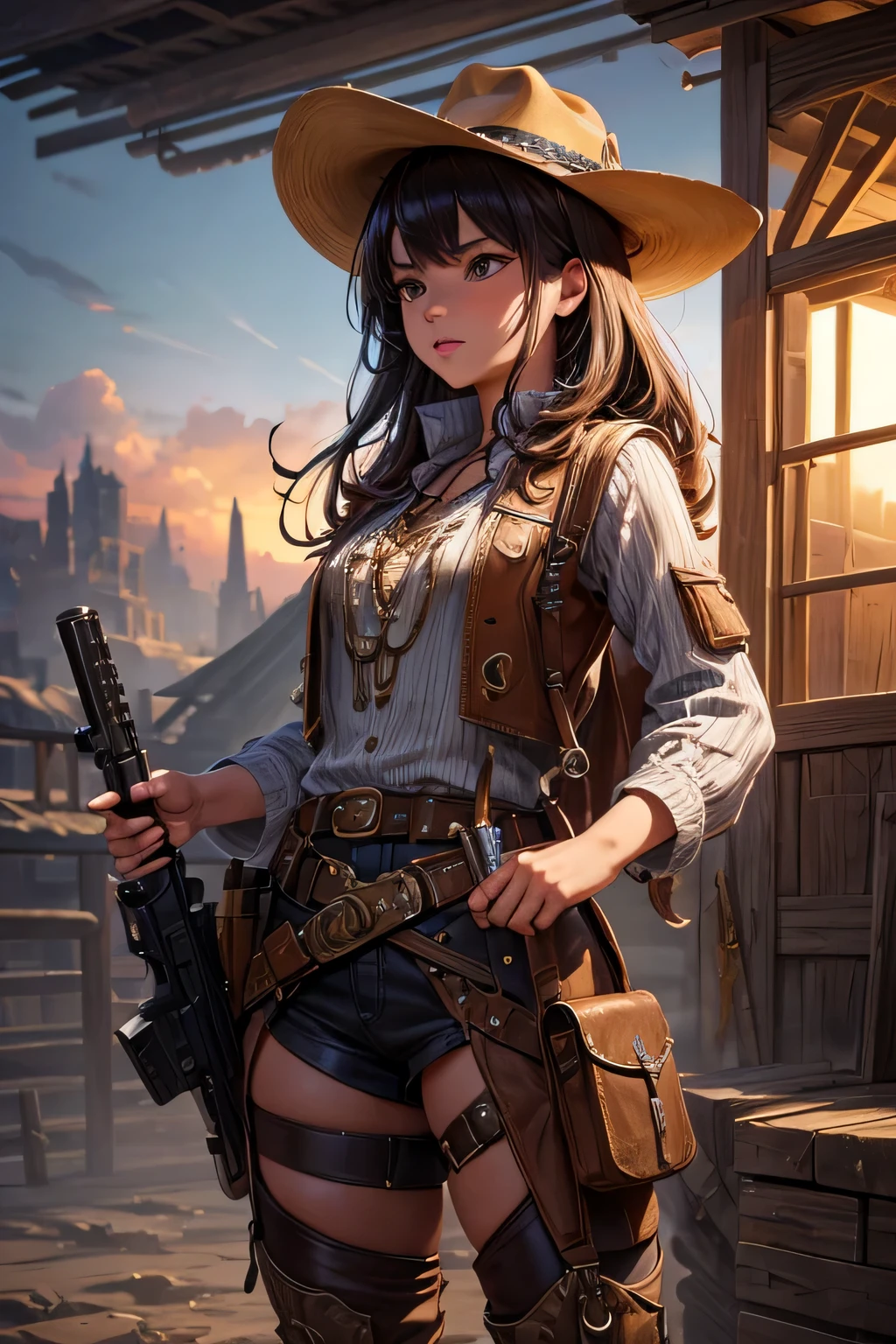 1girl, wild west setting, girl wears wild west Indiana Jones outfit, high boots, cowboy hat, armed with a pistol, small breats, detailed face, combat stance, mean look, highly detailed, vibrant appearance, creative behavior, extremly detailed, imaginative, , spontaneous, highest quality, skin texture, intricate details, (cinematic lighting), RAW photo, 8k, masterpiece,best quality,ultra-detailed,very detailed illustrations,extremely detailed,intricate details,highres,super complex details,extremely detailed 8k cg wallpaper,