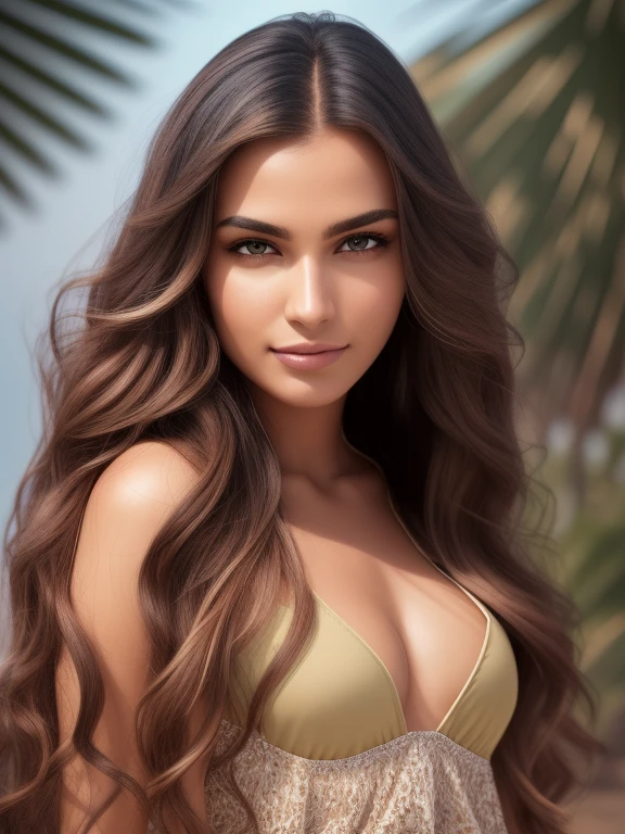 Cinematic soft lighting illuminates a stunningly detailed and ultra-realistic beautiful Middle-Eastern supermodel, beach look, long messy windy brown hair, clear honey eyes, captivating perfect smile, sensual, hot woman, gorgeous, that is trending on ArtStation. Octane is the perfect tool to capture the softest details of this 16k photography masterpiece.