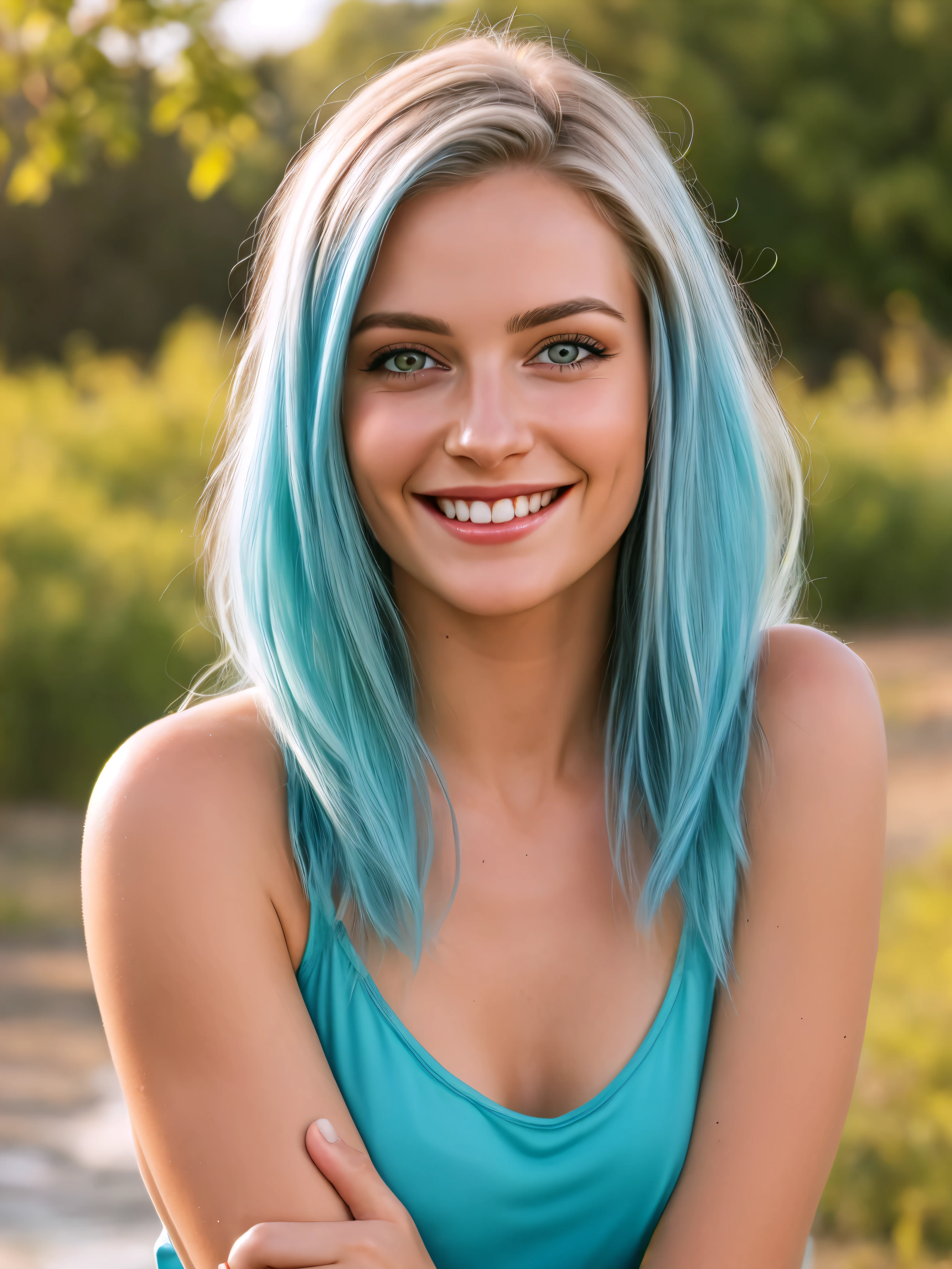 (Realistic:1.5), Very detailed photo of a stunningly beautiful young woman in tiny clothes.. Long rusty blue hair fluttering in the wind . Dazzling and glowing orange-red eyes, (freckles:0.3), Cute sexy, The mouth smiles widely with joy. leaned over to the camera, playfully crossing his arms behind his back.. Freedom-loving personality. Looking straight into the camera and winking