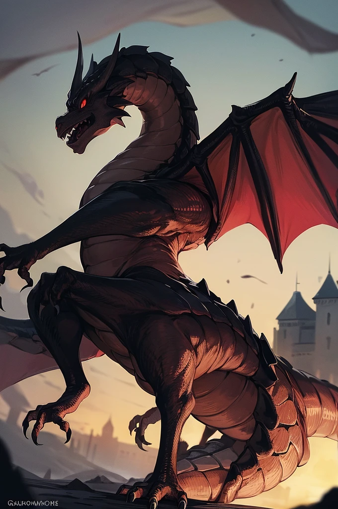 (masterpiece, best quality), solo, ((dragon)), black scales, red eyes, imposing, destroyed castle background, quadriped, wings