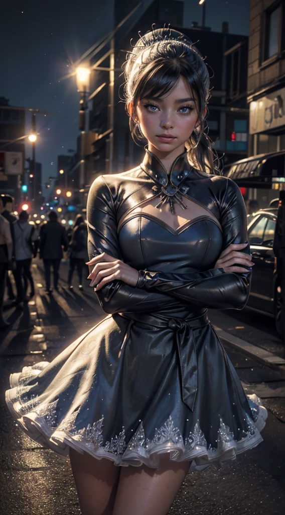 (masterpiece, stunning girlfriend, (standing:1.1), dynamic pose, heart shaped face, elegant face, beautiful face, highly detailed face, highly detailed skin, skin pores, subsurface scattering, realistic pupils, loving smile, looking at viewer, full face blush, full lips, detailed background, depth of field, atmospheric perspective, volumetric lighting, sharp focus, absurdres, realistic proportions, good anatomy, (realistic, hyperrealistic:1.4), 16k hdr, (masterpiece, best quality:1.2), cowboy shot, solo, 1girl, weiss schnee, serious, closed mouth, looking at viewer, crossed arms, side ponytail, scar across eye, dress, long sleeves, cyberpunk city, neon signs, street, crowd, night. moon, moonlight, street lights, shop lights, car lights
