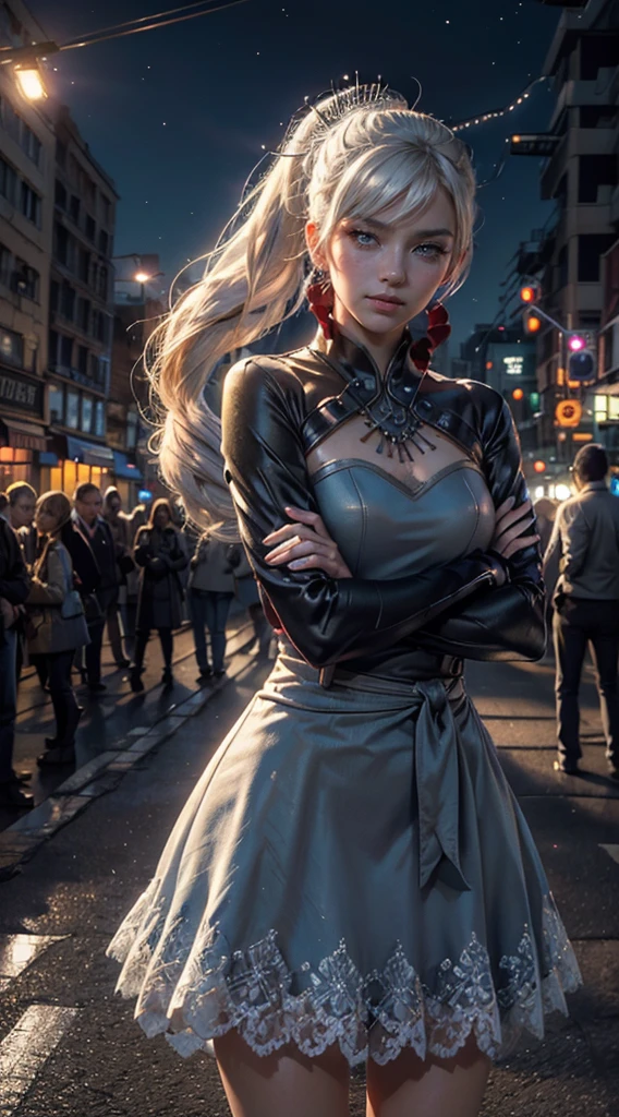 (masterpiece, stunning girlfriend, (standing:1.1), dynamic pose, heart shaped face, elegant face, beautiful face, highly detailed face, highly detailed skin, skin pores, subsurface scattering, realistic pupils, loving smile, looking at viewer, full face blush, full lips, detailed background, depth of field, atmospheric perspective, volumetric lighting, sharp focus, absurdres, realistic proportions, good anatomy, (realistic, hyperrealistic:1.4), 16k hdr, (masterpiece, best quality:1.2), cowboy shot, solo, 1girl, weiss schnee, serious, closed mouth, looking at viewer, crossed arms, side ponytail, scar across eye, dress, long sleeves, cyberpunk city, neon signs, street, crowd, night. moon, moonlight, street lights, shop lights, car lights