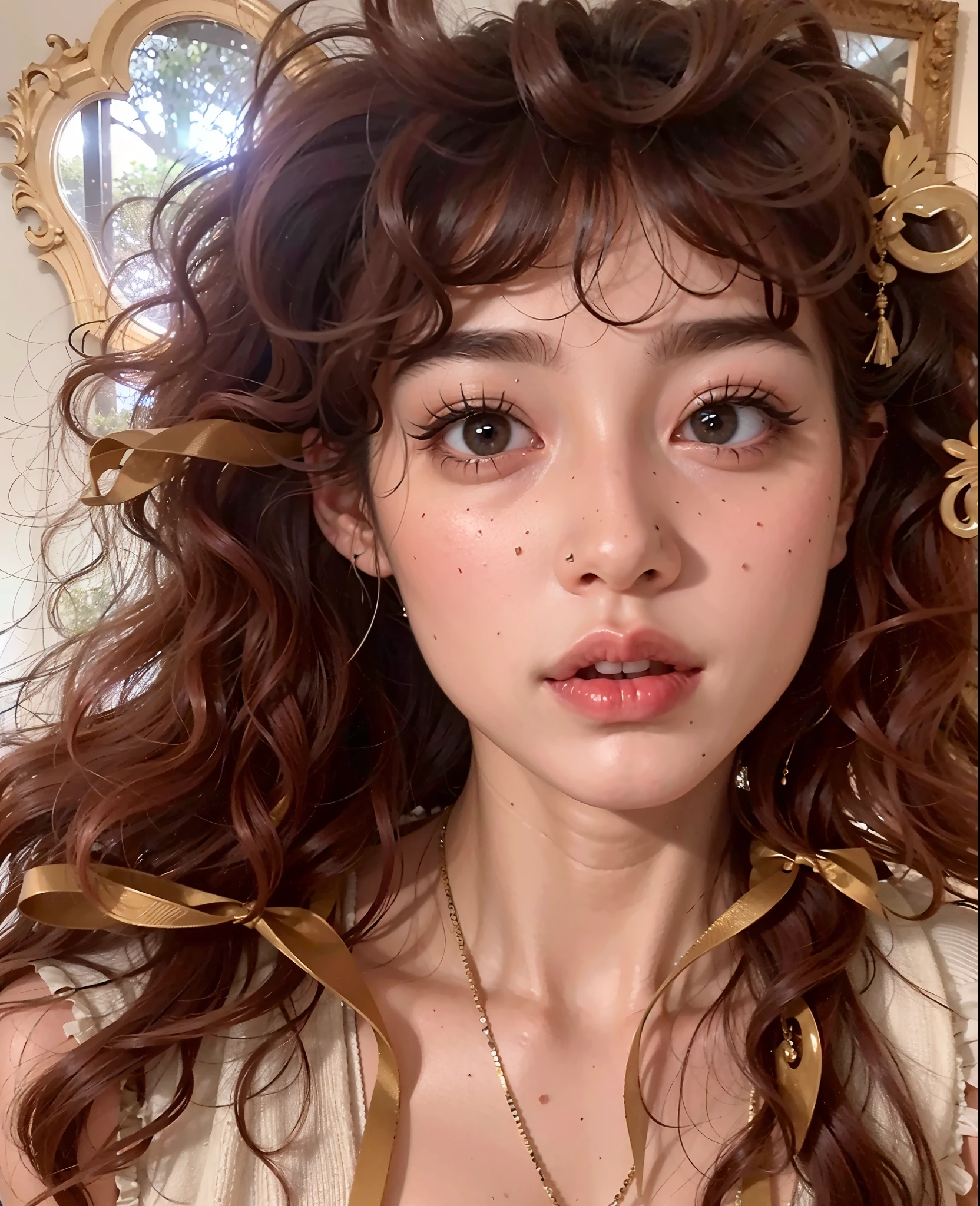 There is a woman with curly hair and a necklace in, franja encaracolado, with cabelos ruivos cacheados, cabelos cacheados vermelhos, em uma mistura de estilo de botticelli, cabelos ruivos cacheados, cabelos cacheados cor de cobre, cabelo de gengibre selvagem, linda Delphine, she parece uma mistura de grimes, parece uma mistura de grimes, No estilo de Sandro Botticelli, Asian face