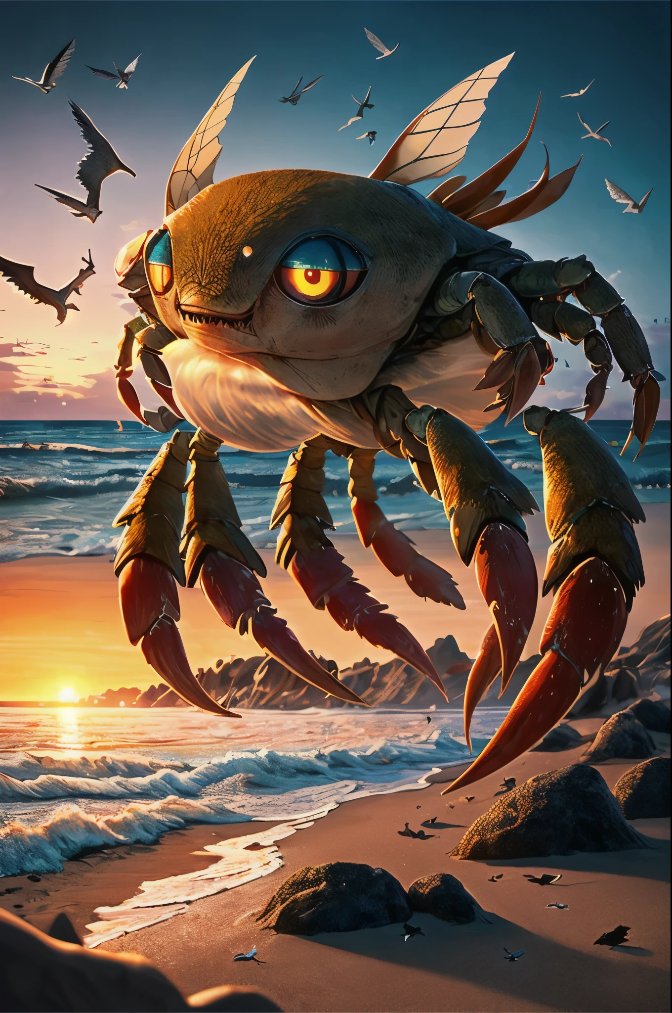 (best quality,highres,masterpiece:1.2),ultra-detailed,realistic,physically-based rendering,humanoid monster,crab-like chitinous plates,creepy,dressed like a Disney princess,beach,princess,creepy eyes,crab-like legs,unique texture,claws,scary appearance,hauntingly beautiful,ethereal,monster princess,unsettling atmosphere,fantasy,horror,fairy tale,beach landscape,sunset lighting,mysterious ambiance,otherworldly presence,colossal size,unsettling charm,vivid colors,waves crashing,seagulls,strolling gracefully,seaside breeze,curiosity,contrast of beauty and darknes