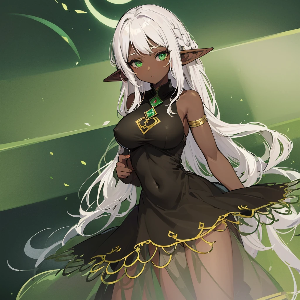 (((Very high image quality))),((Dark Skin)),(((Elf Woman))),(((White hair))),(((green eyes))),(((Seyxy body))),(Big breasts),((Long black dress)),((Shy)),((Rosy cheeks))