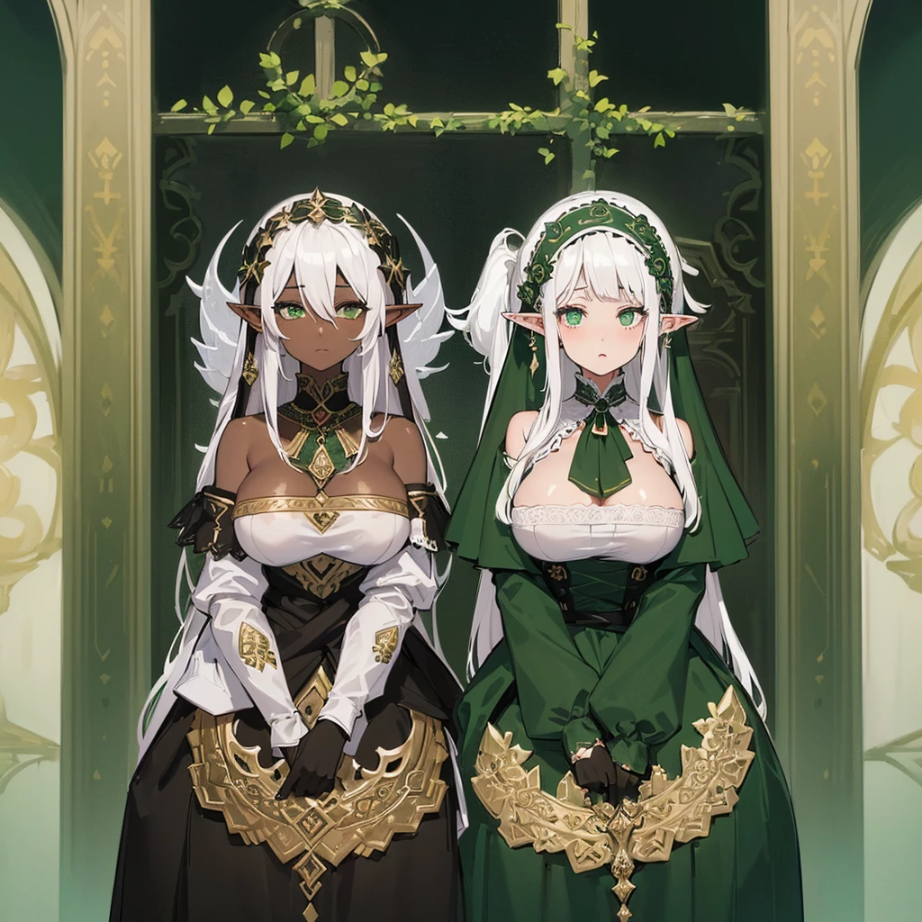 5 Goblin Girls, Harlem-style clothing, fundoshi, White clothing, green skin, black horns, White hair, Different hair lengths, cleavage, Sexy, Multiple Women, Luxurious red room behind them