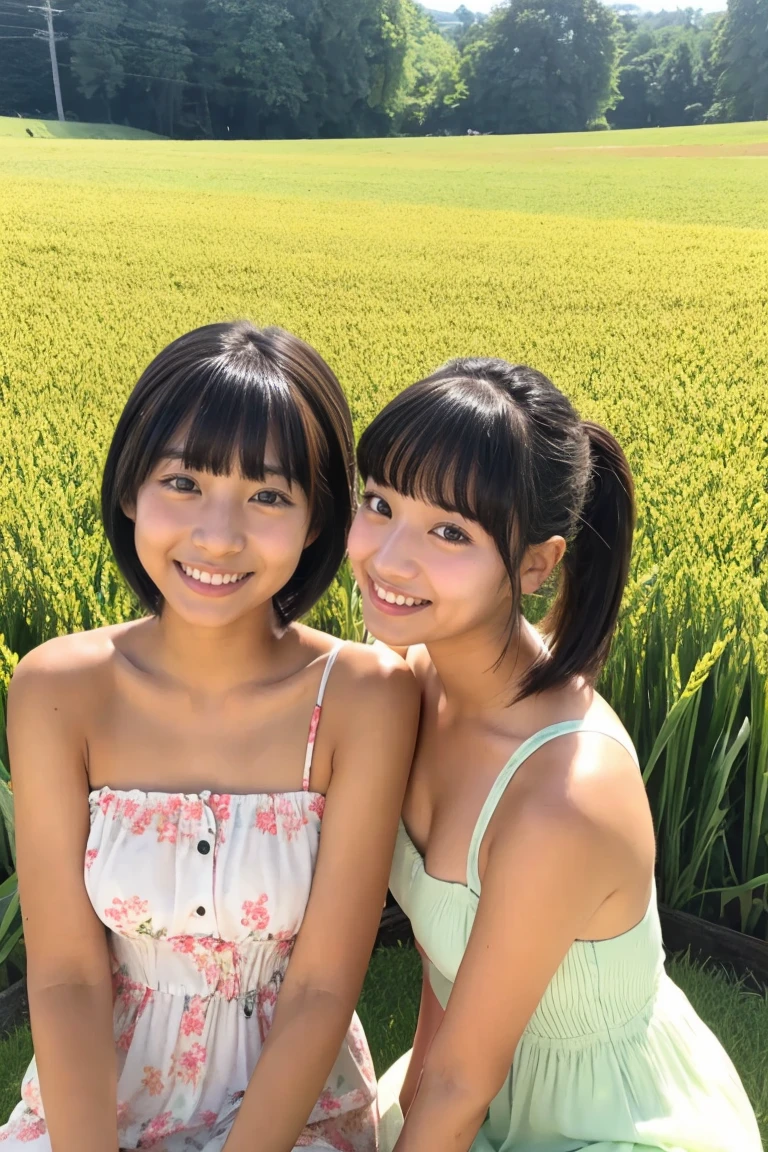 two tanned beautiful girls、japanes、17 age、Summer Dress、Wheat field、up of face、Hair growth、short-hair、With bangs、hair adornments、poneyTail、