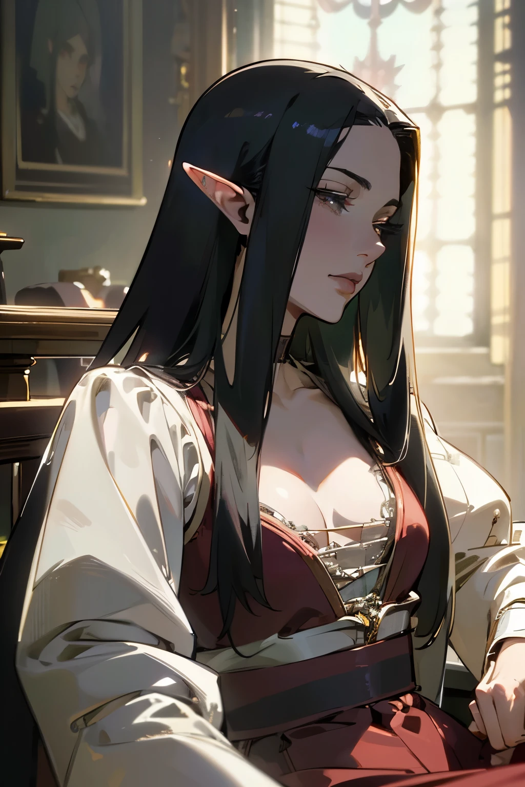 solo, (sophisticated renaissance dress:1.0), ((masterpiece)),((high resolution)),((best quality)), extremely fine and beautiful, super fine illustration, (realistic skin), (insanely detailed anime eyes), milf, vivid and beautiful, shocking sensation, incredibly detailed, beautiful detailed girl, supple breasts, front view, facing at viewer, black hair, (elf), medium long elf ears, (see-through:0.5), covered, ((black hair)), (very long hair), profile, small plump breasts, plump thighs, wide hips, movie lighting, perfect shadow, realistic lighting shaded