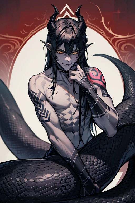 Lamiaan image a drawing of a man whose lower body is a snake, 1boy, black scales, black snake, male focus, solo, (monster boy),(snake boy), lamia, snake eyes, yellow eyes, (tsurime:1.0) , oni horns, teeth, (fang:1.0), sharp fangs, seductive smile, black hair, long hair, tired hair, sexy, Seducing Boy, topless, (pale skin), (sharp nails), (tribal tattoo:1.3) , (background in forest), from below, cinematic angle, masterpiece, best quality, high resolution, ultra-detailed