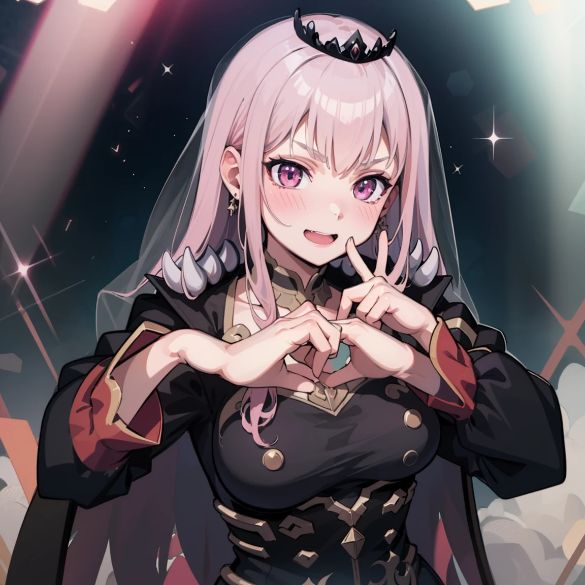 MoriBase, long hair, pink hair, veil, tiara, long black sleeveless dress, side slit, torn black cape, shoulder spikes, single black thighhigh, detached sleeves, see-through sleeve, big breast
BREAK
provocative smile, nose blush, (heart hands, own hands together:1)
BREAK
Masterpiece, best quality, high resolution, 8K, official art, ultra-detailed, super resolution, extremely detailed and beautiful, extremely detailed, amazing and detailed, highly detailed beautiful girl, highly detailed face, highly detailed eyes, highly detailed skin, highly detailed fingers, highly detailed nose, very detailed mouth, perfect anatomy 
BREAK
abyss, darkness, haunted, extremely detailed CG unity 16k, very fine 16KCG wallpapers