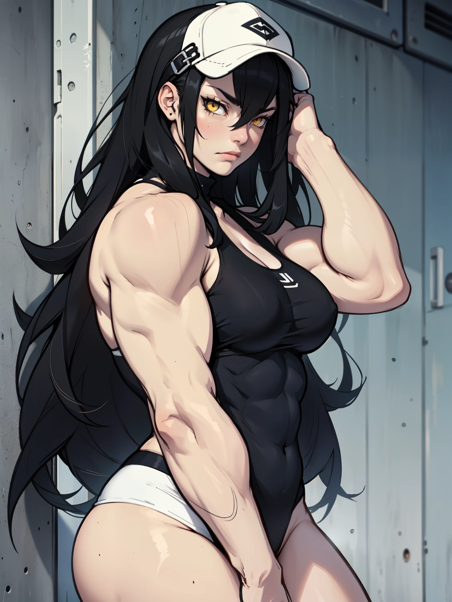sad girl muscular girl sad girl muscular girl black hair yellow eyes pale skin breasts