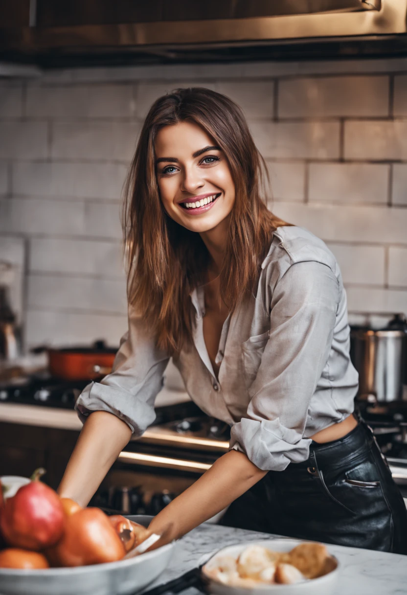 ultrarealistic high quality photo of a beautiful young busty european woman with cute face and brunette with dyed pink-white streaks long messy bob and beautiful smile, round steel-blue eyes, basic shirt with black leather leggins and ankle boots, full body outdoor photography, cooking in the kitchen