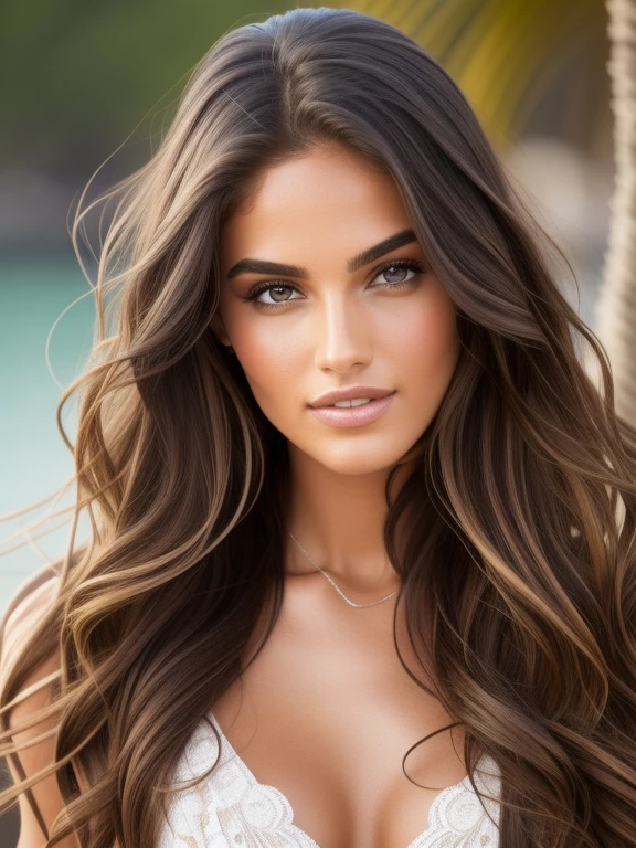 Cinematic soft lighting illuminates a stunningly detailed and ultra-realistic beautiful Middle-Eastern supermodel, beach look, long messy windy brown hair, clear honey eyes, captivating perfect smile, sensual, hot woman, gorgeous, that is trending on ArtStation. Octane is the perfect tool to capture the softest details of this 16k photography masterpiece.