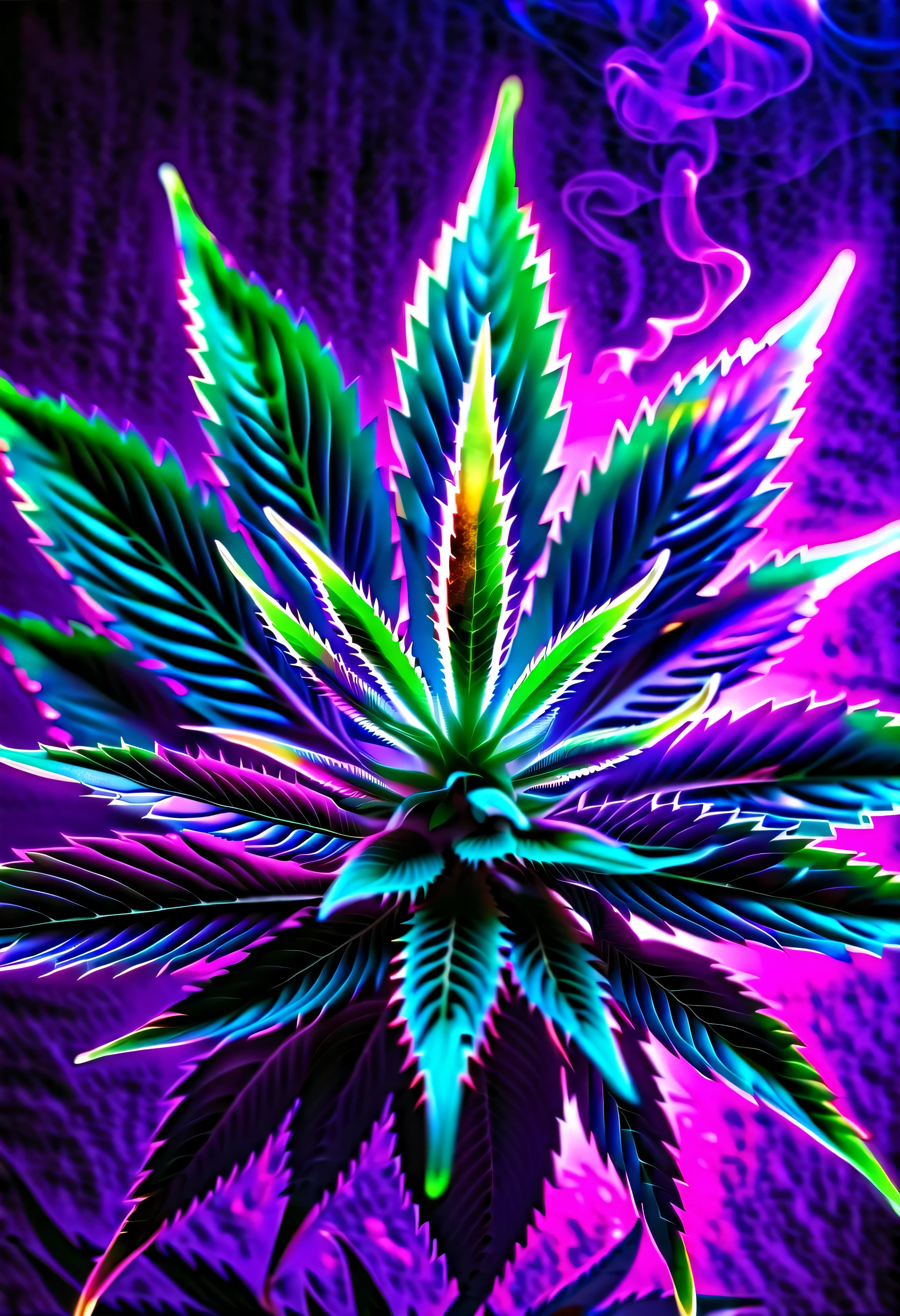 Uma flor de cannabis roxa, background with iridescent smoke and neon colors