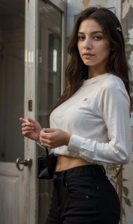 (Best quality, Ultra-detailed, Masterpiece:1.5), beautiful pakistani woman, The woman should have a flawless, highly detailed face, soft luminous . Her long hair should be naturally brown and stylishly arranged. (Perfect Eyes:1.2), double eyelids, photo-realistic:1.5), 8K UHD, motion blured movement, blurry image, motionblur, slight motion blur, very grainy image, soft focus blur, half figure shot, modest white shirt, grey image,