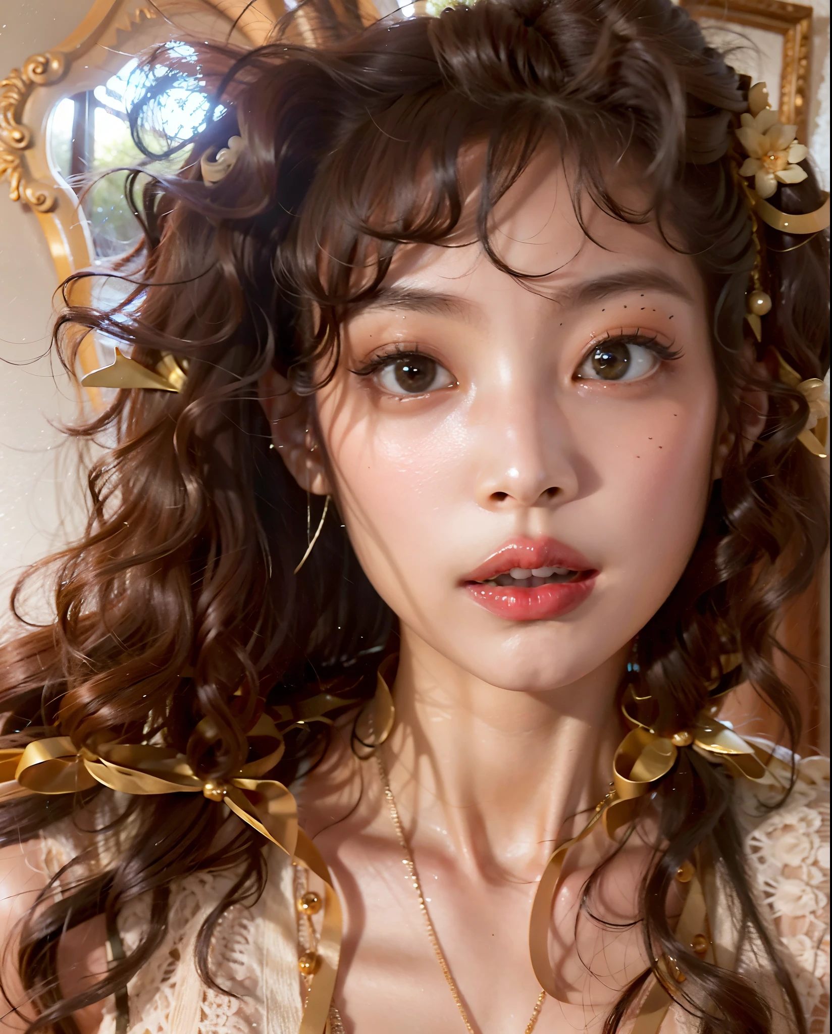 There is a woman with curly hair and a necklace in, franja encaracolado, with cabelos ruivos cacheados, cabelos cacheados vermelhos, em uma mistura de estilo de botticelli, cabelos ruivos cacheados, cabelos cacheados cor de cobre, cabelo de gengibre selvagem, linda Delphine, she parece uma mistura de grimes, parece uma mistura de grimes, No estilo de Sandro Botticelli, Asian face