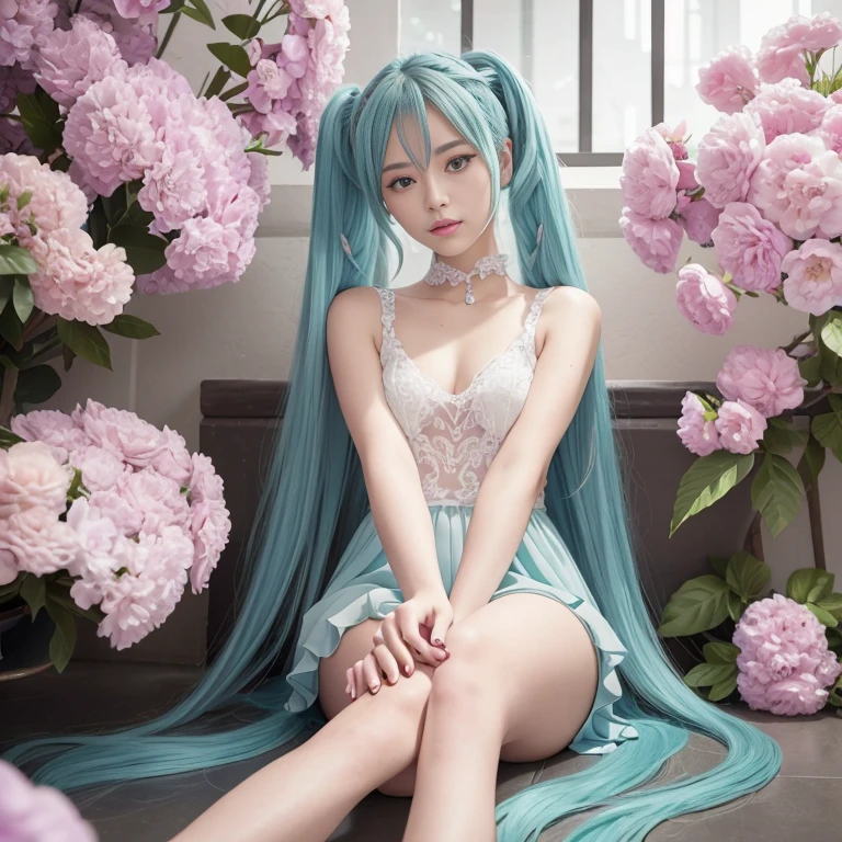 hatsune Miku、(ultra Realistic), (An illustration), (Highres), (8K), (highlydetailed), (the best illustration), (Beautiful Detailed Eyes), (beste Quality), (Super Detailed), (Master peace), (Wallpapers), (Detailed Face), solo, 1girl, Aristocratic dresses、White hair, Iris heterochromatic eyes, small moles under eye, medium chest, Long legs,Stunning composition,Foot braids,Beautiful and detailed legs