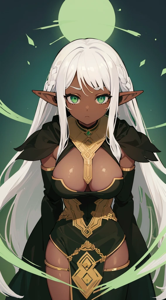 (((Very high image quality))),((Dark Skin)),(((Elf Woman))),(((White hair))),(((green eyes))),(((Seyxy body))),(Big breasts),((Long black dress)),((Shy)),((Rosy cheeks))