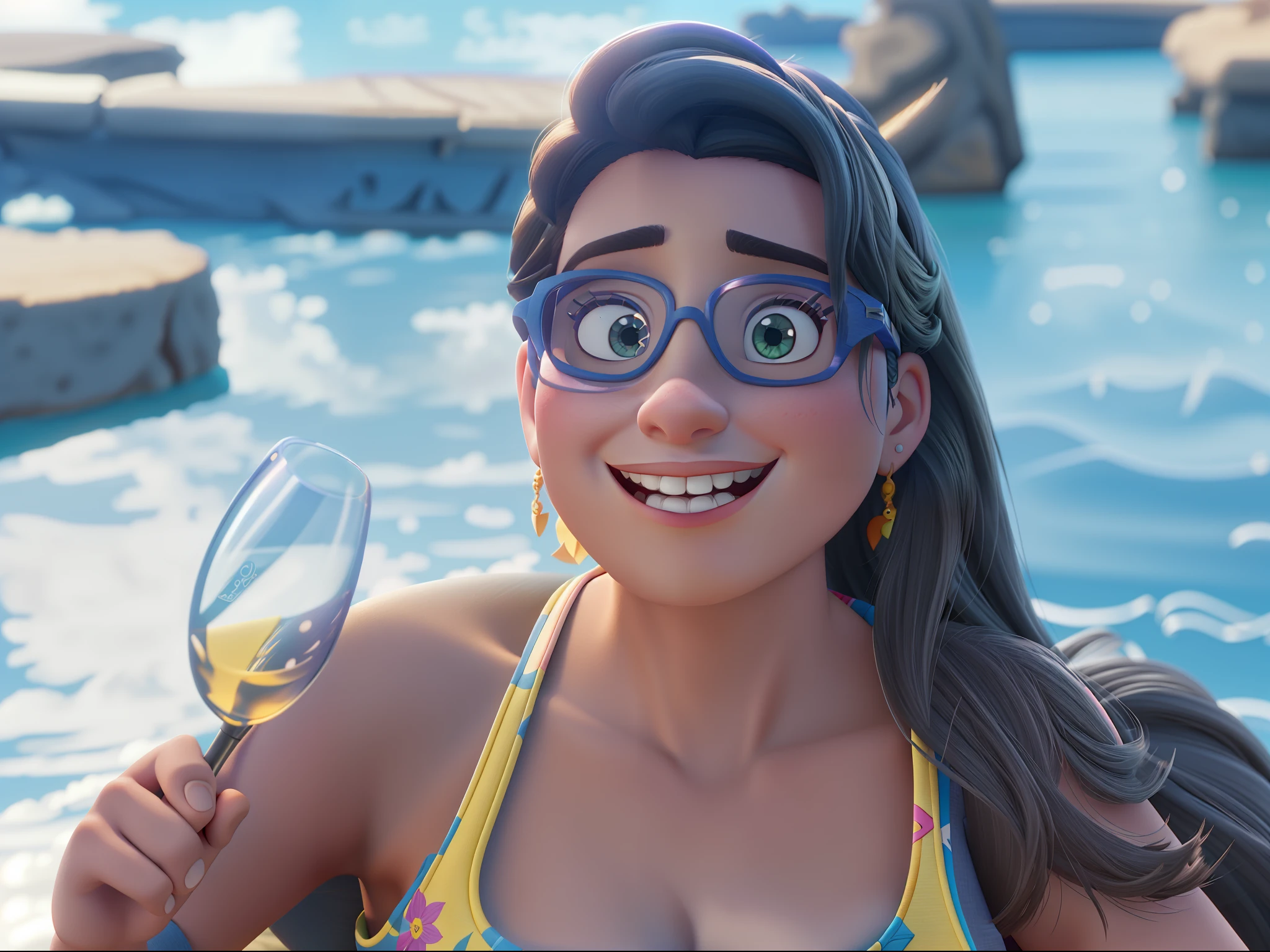 Uma mulher estilo disney pixar, com oculos escuros, alta qualidade, melhor qualidade.