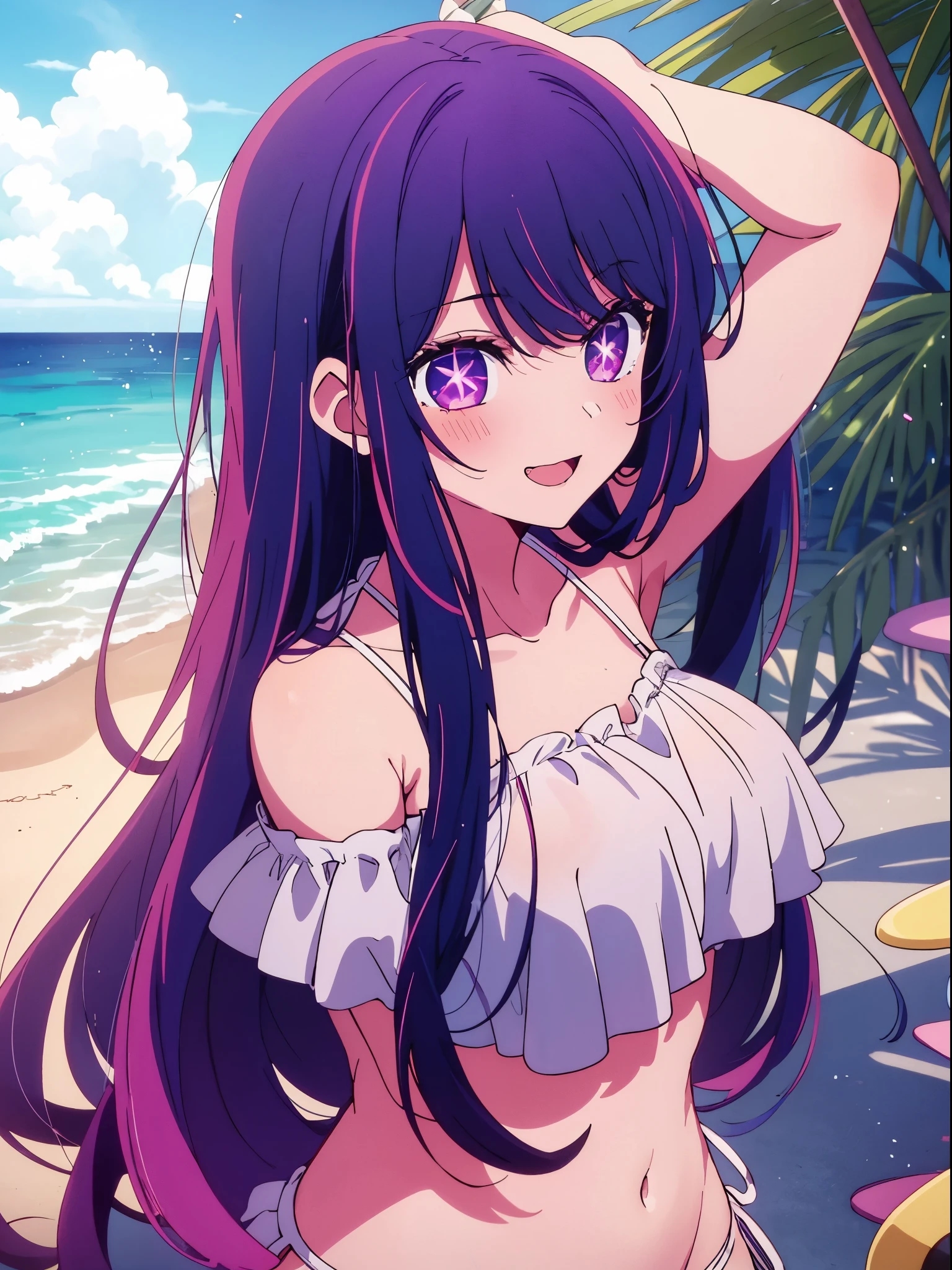 Anime girl with long hair and purple eyes, a picture inspired by Puru, Tumbler, conceptual art, Anime Best Girl, anime moe art style, クローズアップiwakura lain, Anime visuals of cute girls, Anime girl named Lucy, iwakura lain, Still from TV anime, anime still image, (Anime Girl)、(((the beach)))、A smile、Open your mouth、Ai Hoshino、(((The bikini)))