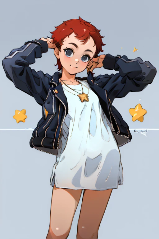 (Masterpiece: 1.5, Best quality, High resolution: 1.3, Super resolution, Super detailed, Ultra detailed: 1.3, Rich background: 1.2, 1 girl)) pale skin + short red hair + black eyes + long eyelashes + split bangs two + androgynous body + hands full of band-aids (white shirt, leather jacket, ripped jeans, white vans, necklace with a star, , tomboy style) ((gentle smile, pose holding a ballon) (colors used: white, light blue, red, black, gray,)