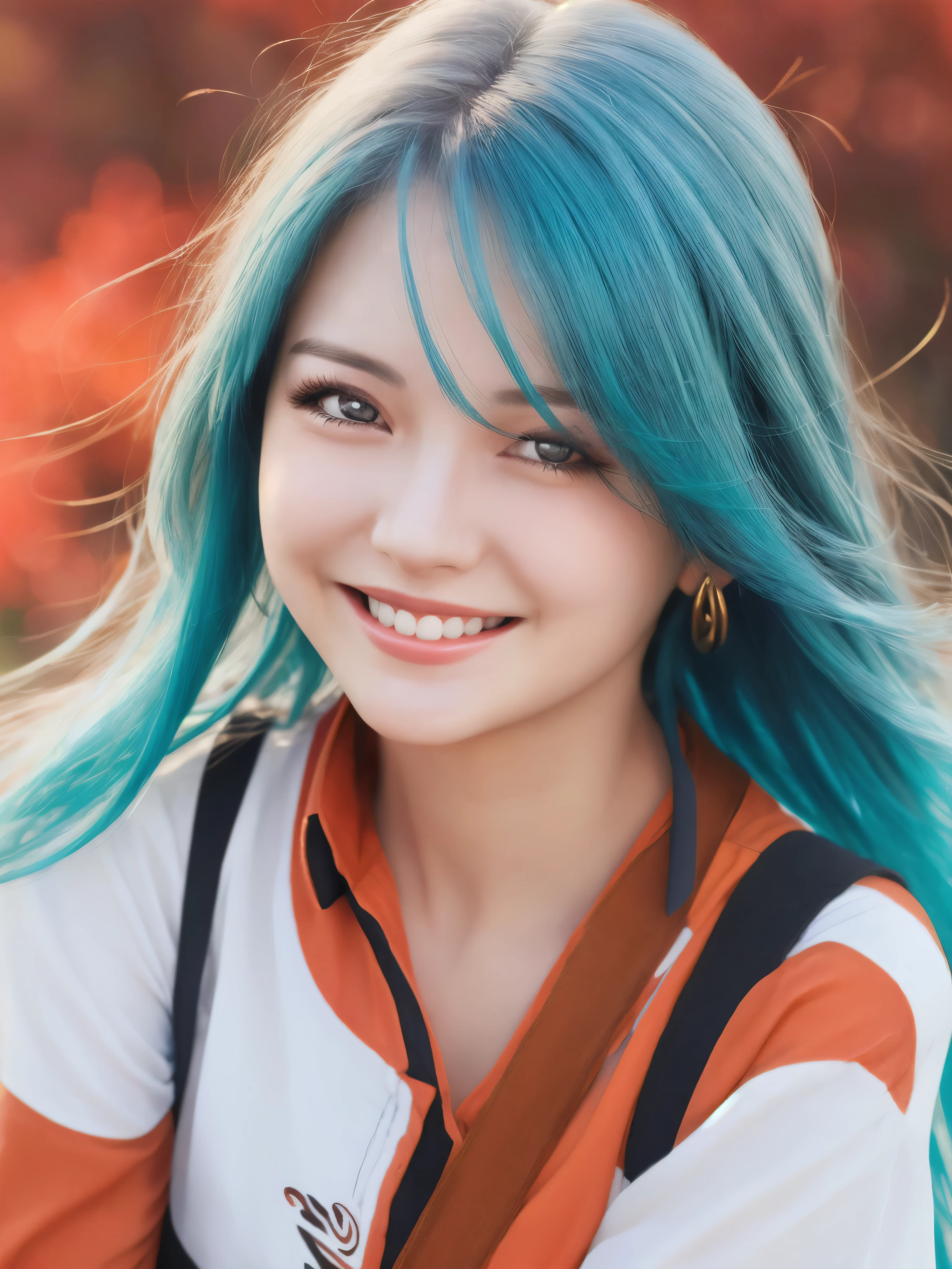 (Realistic:1.5), Very detailed photo of a stunningly beautiful young woman in tiny clothes.. Long rusty blue hair fluttering in the wind . Dazzling and glowing orange-red eyes, (freckles:0.3), Cute sexy, The mouth smiles widely with joy. Tilt to the camera. Freedom-loving personality. Looking straight into the camera and winking