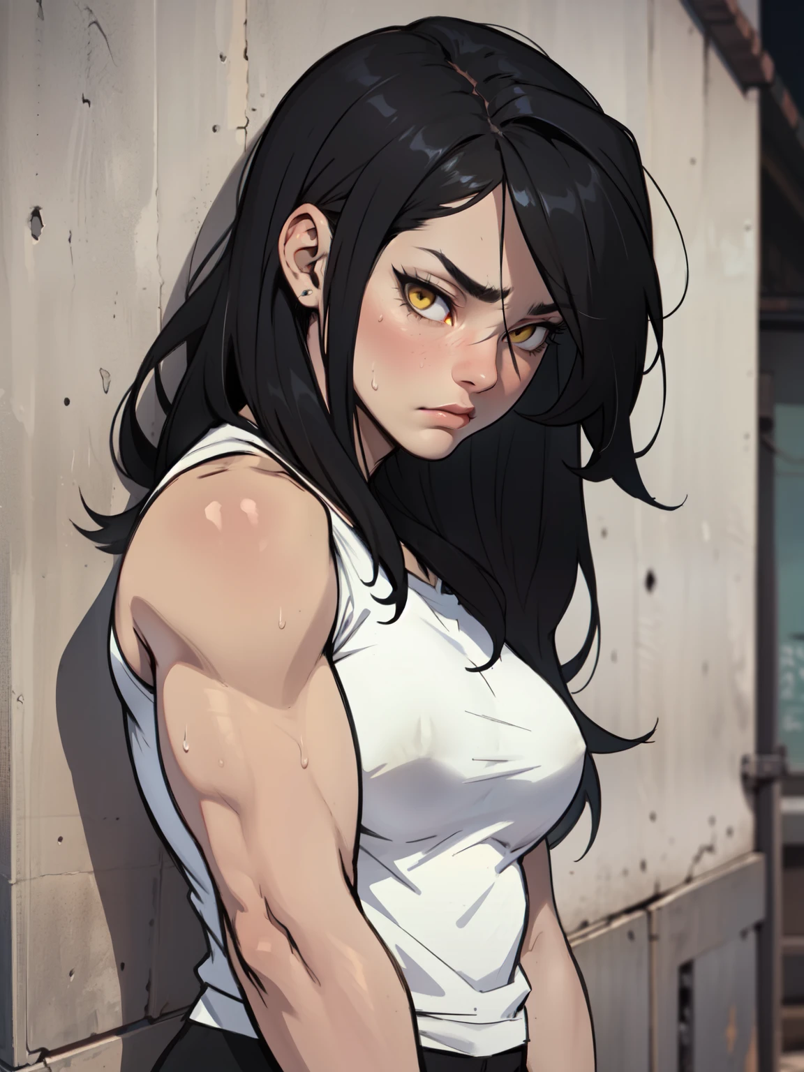 sad girl muscular girl sad girl muscular girl black hair yellow eyes pale skin breasts drop shadow sweaty very long hair
