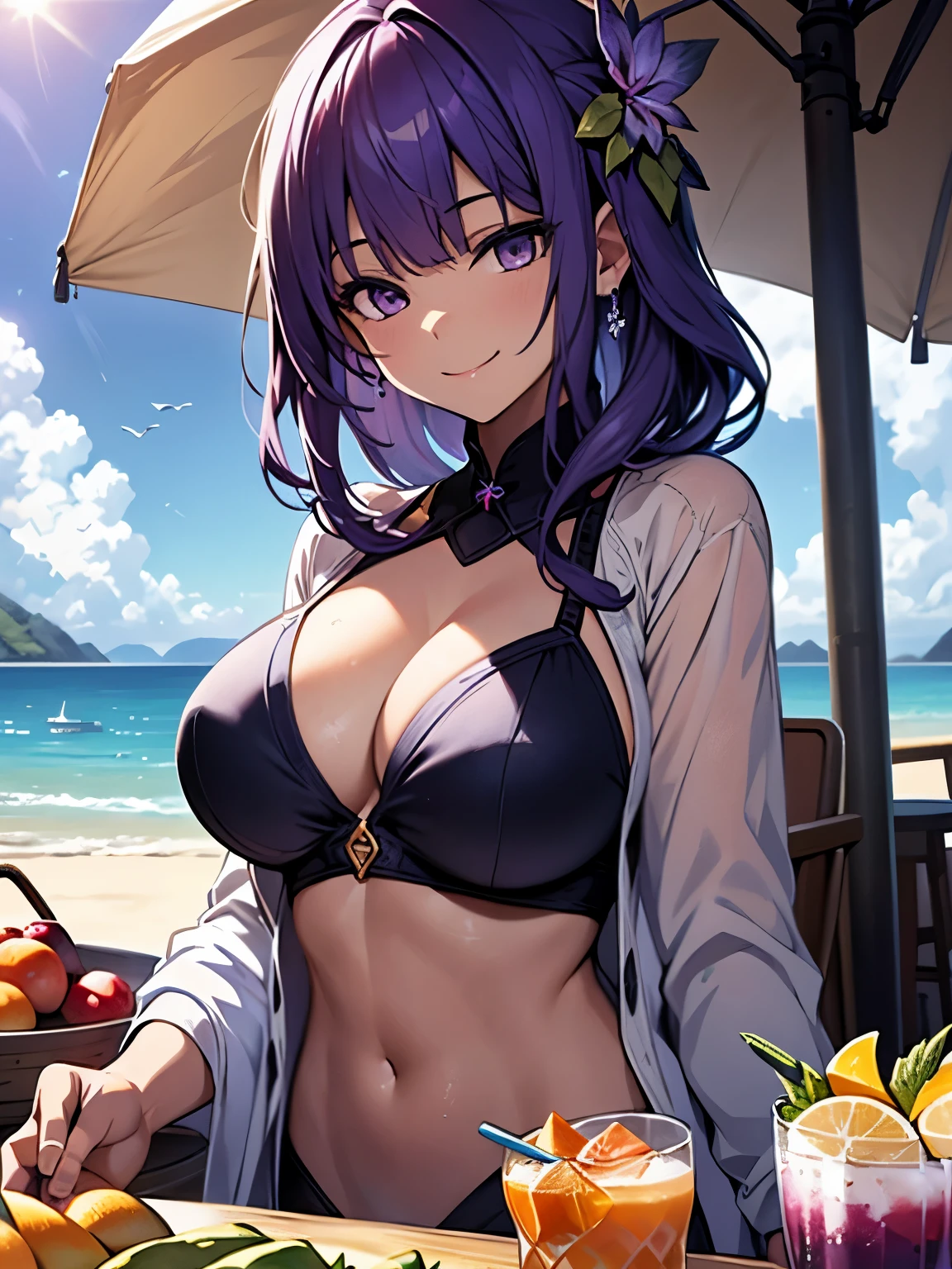 {{tmasterpiece}},illustratio,best qualtiy,the Extremely Detailed CG Unity 8K Wallpapers,1 girl,On the beach, on the beach, there are fruits and drinks on the table,Purple hair, Edit and distribute, swimsuit,Sunshine, smile,,Bikini,A blouse,