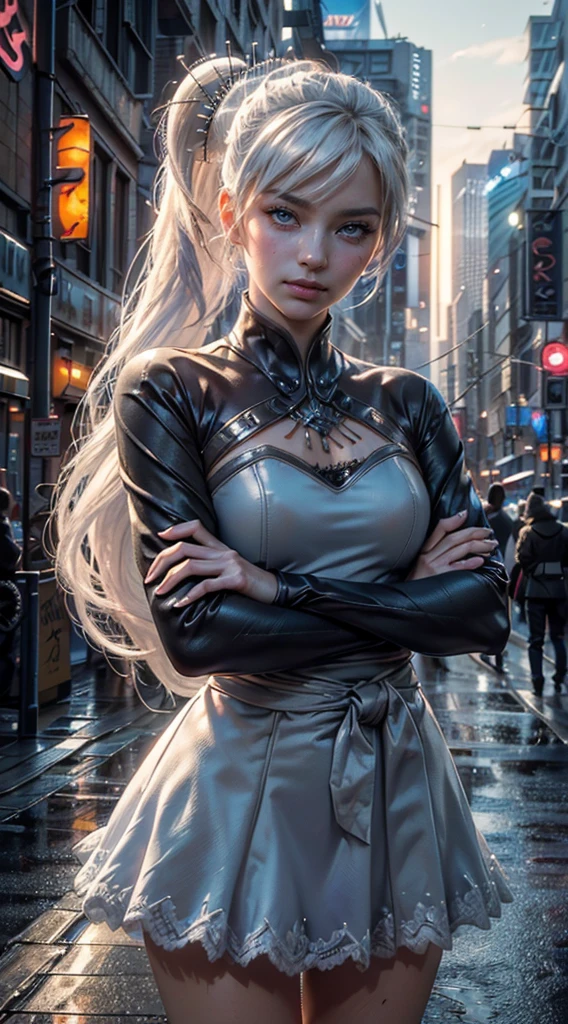 (masterpiece, stunning girlfriend, (standing:1.1), dynamic pose, heart shaped face, elegant face, beautiful face, highly detailed face, highly detailed skin, skin pores, subsurface scattering, realistic pupils, loving smile, looking at viewer, full face blush, full lips, detailed background, depth of field, atmospheric perspective, volumetric lighting, sharp focus, absurdres, realistic proportions, good anatomy, (realistic, hyperrealistic:1.4), 16k hdr, (masterpiece, best quality:1.2), cowboy shot, solo, 1girl, weiss schnee, serious, closed mouth, looking at viewer, crossed arms, long white hair, side ponytail, scar across eye, dress, long sleeves, cyberpunk city, neon signs, street, crowd,