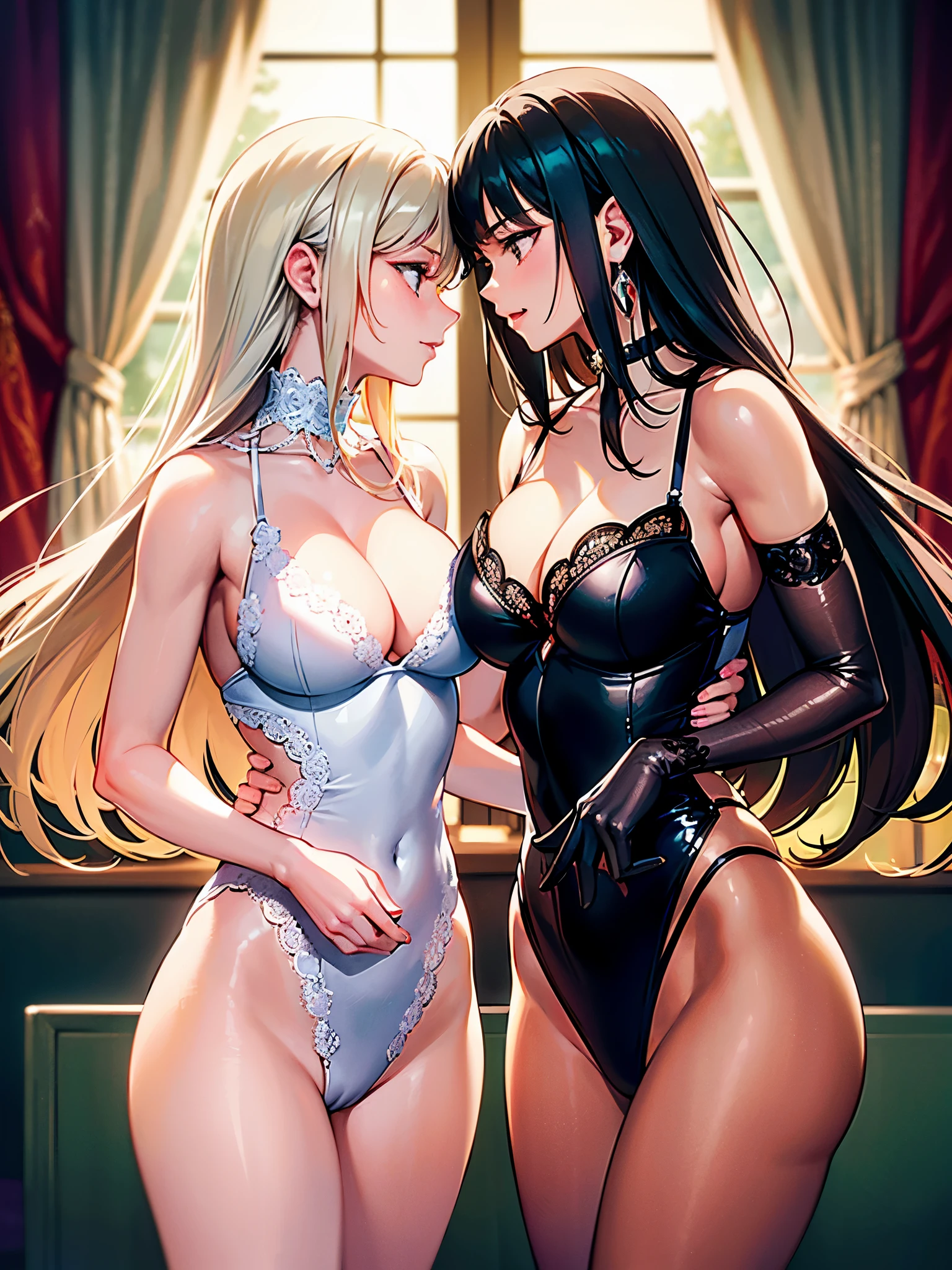 ((Finest quality)),(超A high resolution),(ultra-detailliert),(Meticulous portrayal),((Best CG)),(Finest works of art),Ultra-Precision Art,The art of astounding depiction,(Art with precise depiction in every detail:1.5), (two womens:1.5),Beautiful and well-groomed face:1.6,Two people facing each other and pressing their chests against each other:1.6,Exquisitely detailed lingerie:1.6
