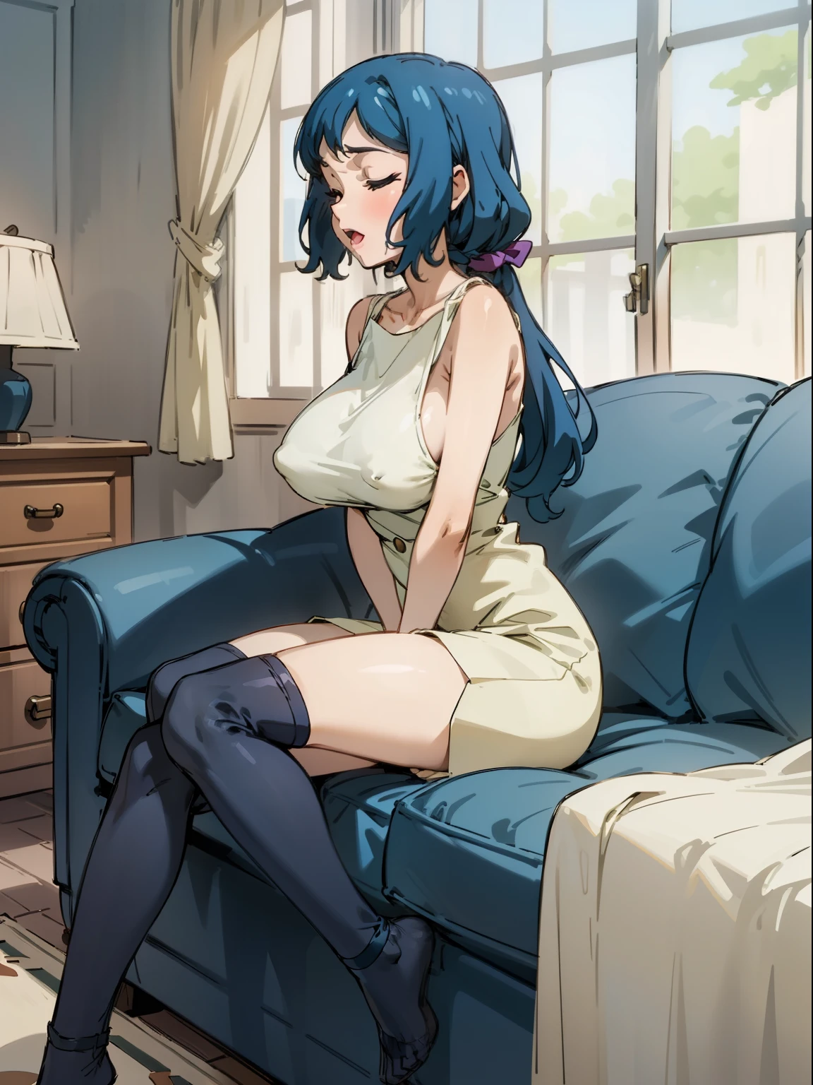 A woman is sitting on a chair and masturbating in a room. (Masterpiece), Best Quality, ultra-detailed , perfect hands, Delicate eye expression, 1girl (rinko_iori, Sexy, A voluptuous and sexy body, huge breasts, naked body, dark blue hair, long hair, closed eyes),open mouth, Solo, nude,full body, living room, On the sofa, sitting,nsfw, hetero,masturbation, Rinko is leaning against the back of the sofa.. Rinko is sitting on the sofa and masturbating,,One of her hands is touching her pussy, The other hand is touching her breasts . Her fingers are in her pussy. Rinko raises her head and screams.,cumdrip from her pussy, Frontal shots
