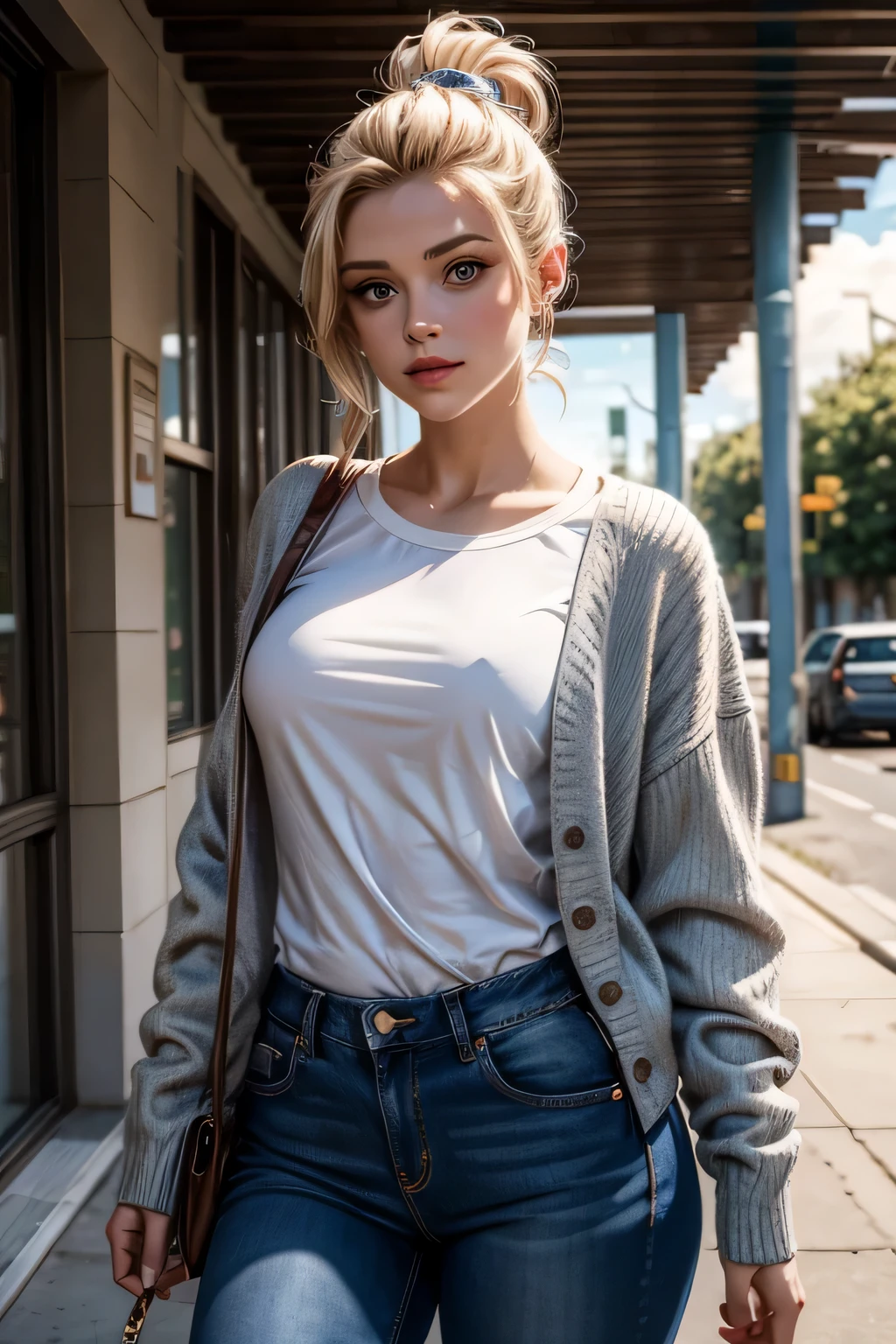 Betty Cooper est l&#39;héroïne de la série Riverdale. Prix photo au réfectoire du lycée. Betty est décontractée et porte un pantalon en jean avec un pull, petite veste en cuir par dessus.