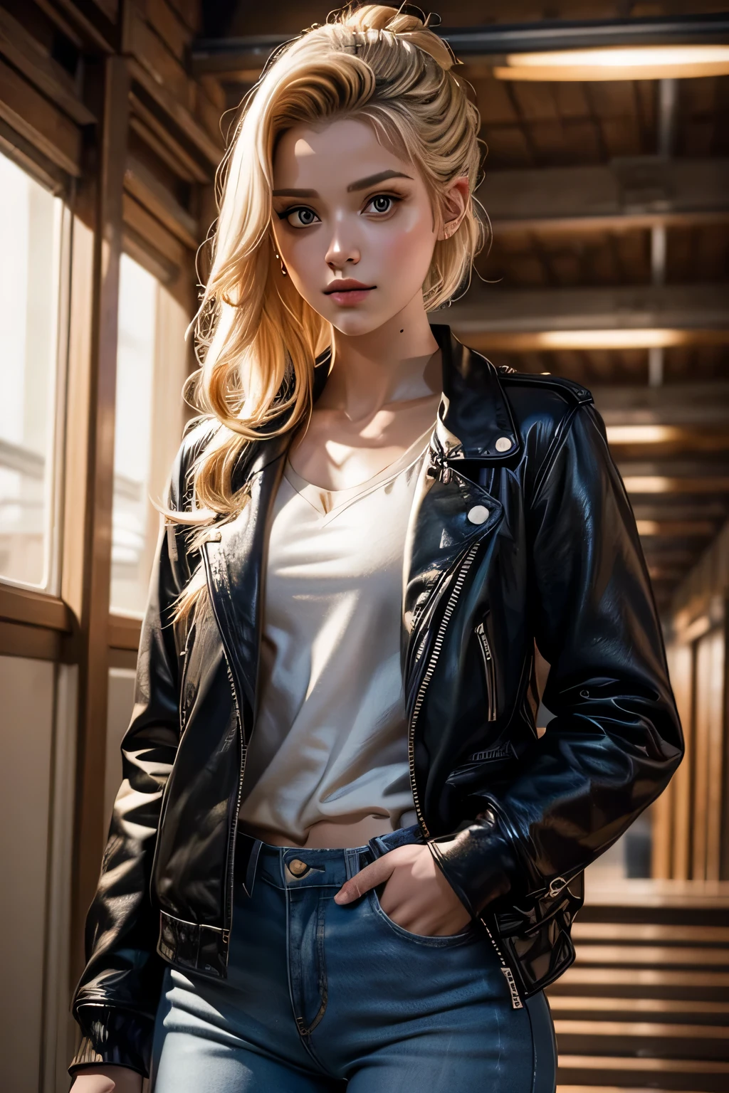Betty Cooper est l'héroïne de la série Riverdale. Prix photo au réfectoire du lycée. Betty est décontractée et porte un pantalon en jean avec un pull, petite veste en cuir par dessus.