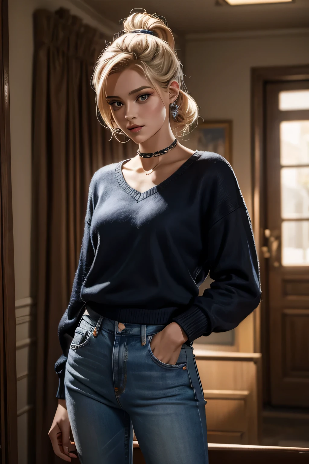 Betty Cooper est l'héroïne de la série Riverdale. Prix photo au réfectoire du lycée. Betty est décontractée et porte un pantalon en jean avec un pull, petite veste en cuir par dessus.