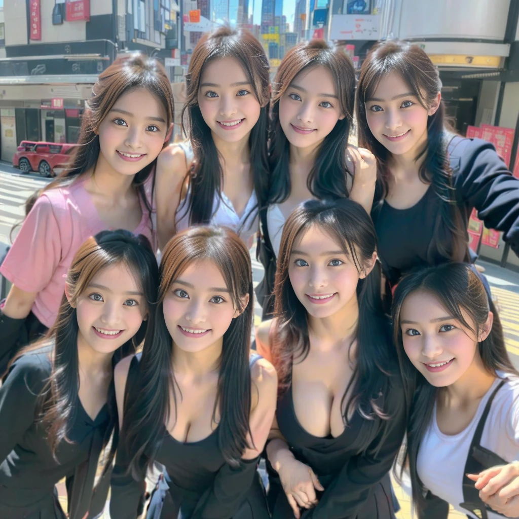 Raw photo、(((multiple girls))),((((6+girls)))),((((1000girls)))),(((10000girls)))、((((100000 girls))))、Women only、The same face、((matching school uniform))、(((many girls clinging to each other)))、((((Large group))))、12 years old、Long black hair、10,000 cute girls going to school、a smile、Commuting to school、School route、In the street、selfee、same person、(((Lots of girls filling the area)))、(((Many girls fill the city)))、a junior high school student