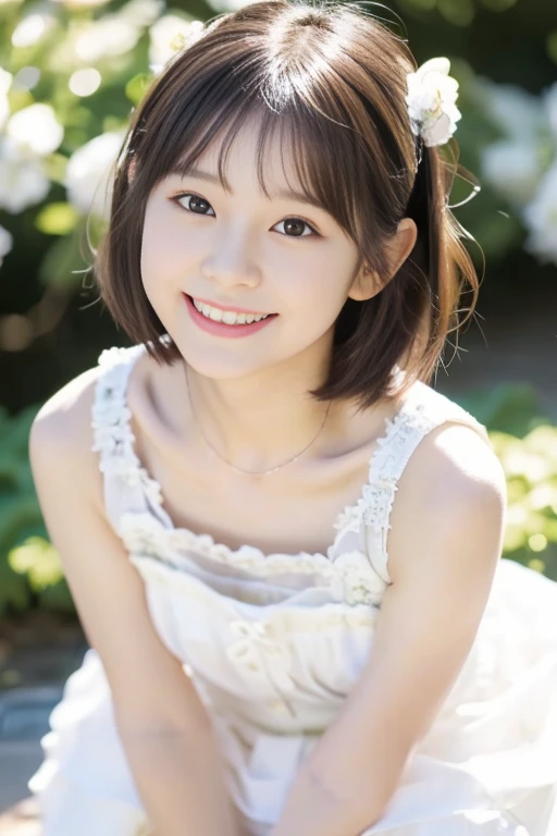 (((masterpiece))), (((Full body photo))), (One beautiful Japan girl, Innocence,kawaii) ,超A high resolution, Realistic, ultra-detailliert, 8K,top-quality, Extremely detailed, Detailed background,A slender,very beautiful japanese girl, (Detailed face:1.3), (Bery short hair,Cute Hair Ornament,A dark-haired :1.4), (a baby face,kawaii系,adorable 10 year old girl), (Perfect body:1.1), (white frills,Green dress,White fluffy skirt), Gentle smile,Show your beautiful teeth,((Focus on the crotch)),pretty pose,rosy cheeks,Super Detailed Face、Detailed lips、A detailed eye、small gravure idol,Transparent skin、Lori,Photorealistic:1.37,no-makeup,In the soft spring sunshine